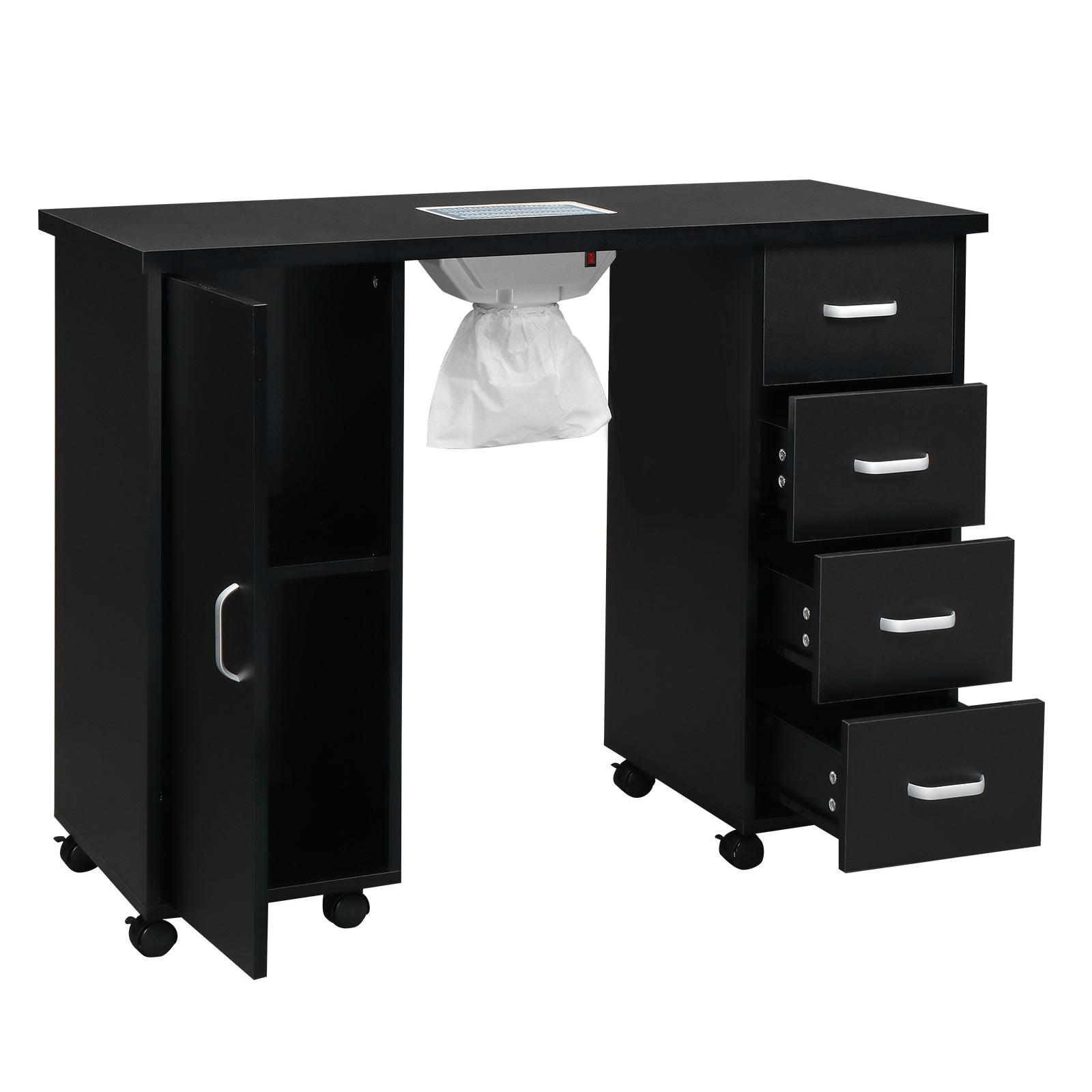 HAOYYE Black Nail Table with Fan Modern Manicure Station for Salon or Home Use MDF Single Door Design with 4 Removable Drawers Lockable Storage Easy to Clean Durable and Professional Nail Desk Workstation