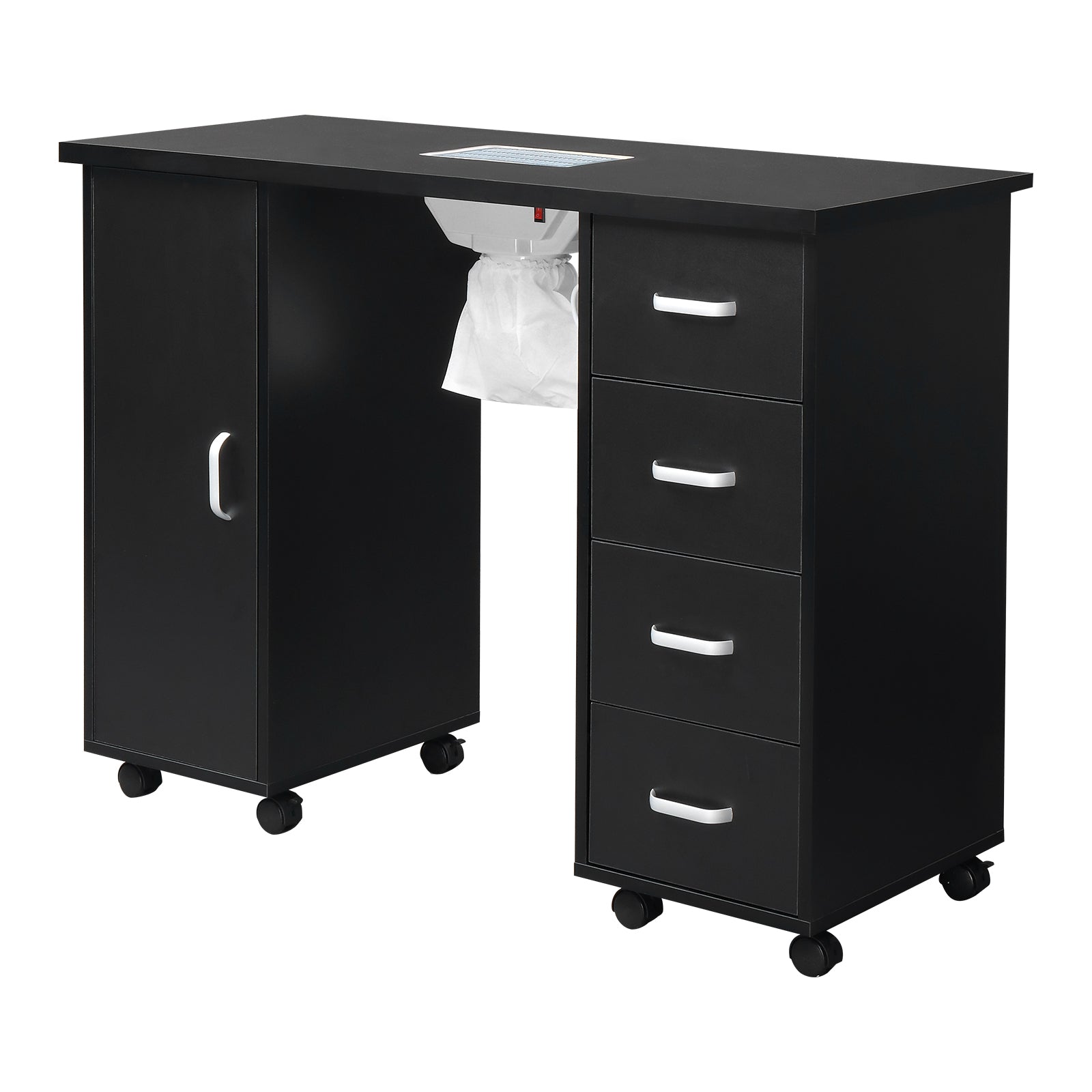HAOYYE Black Nail Table with Fan Modern Manicure Station for Salon or Home Use MDF Single Door Design with 4 Removable Drawers Lockable Storage Easy to Clean Durable and Professional Nail Desk Workstation