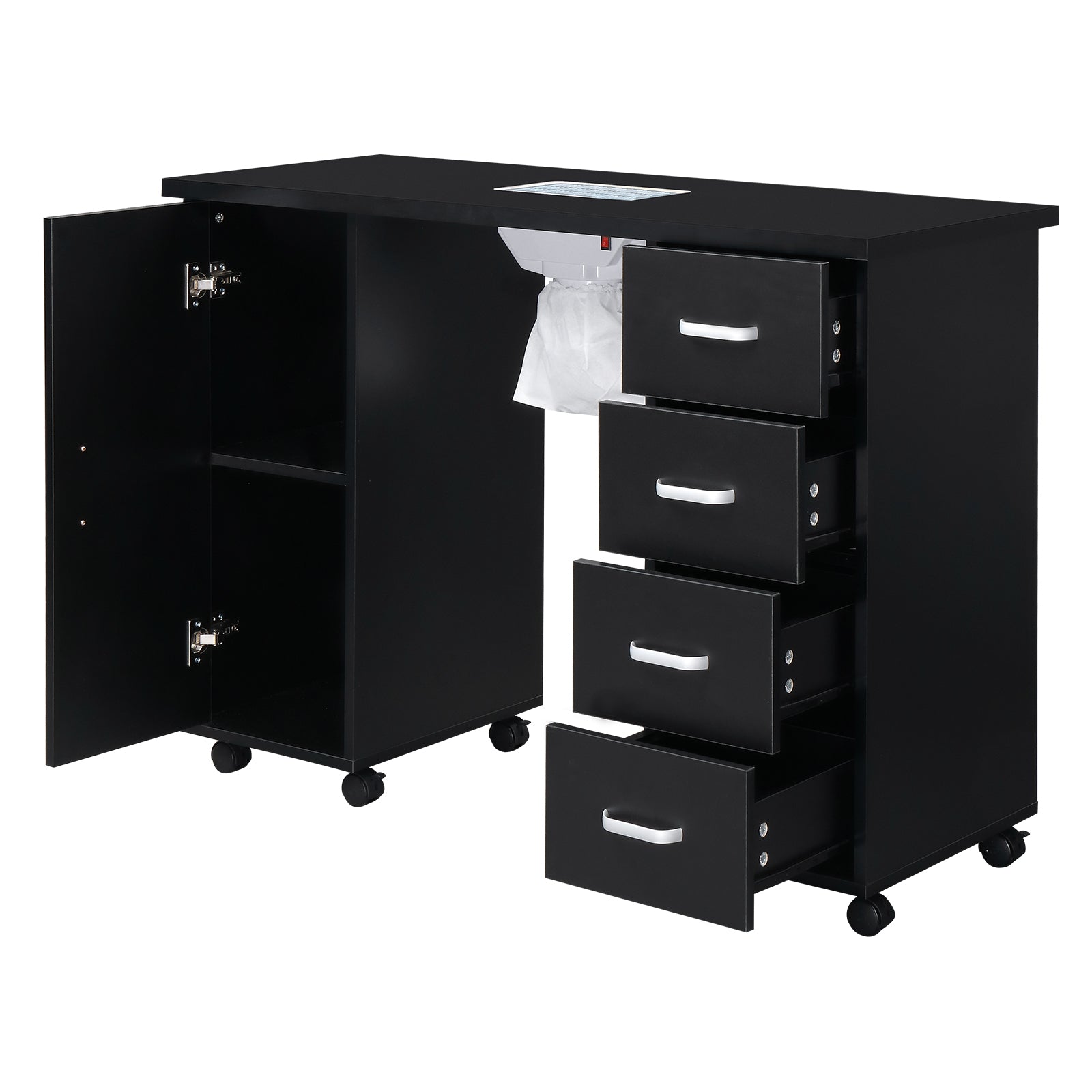 HAOYYE Black Nail Table with Fan Modern Manicure Station for Salon or Home Use MDF Single Door Design with 4 Removable Drawers Lockable Storage Easy to Clean Durable and Professional Nail Desk Workstation
