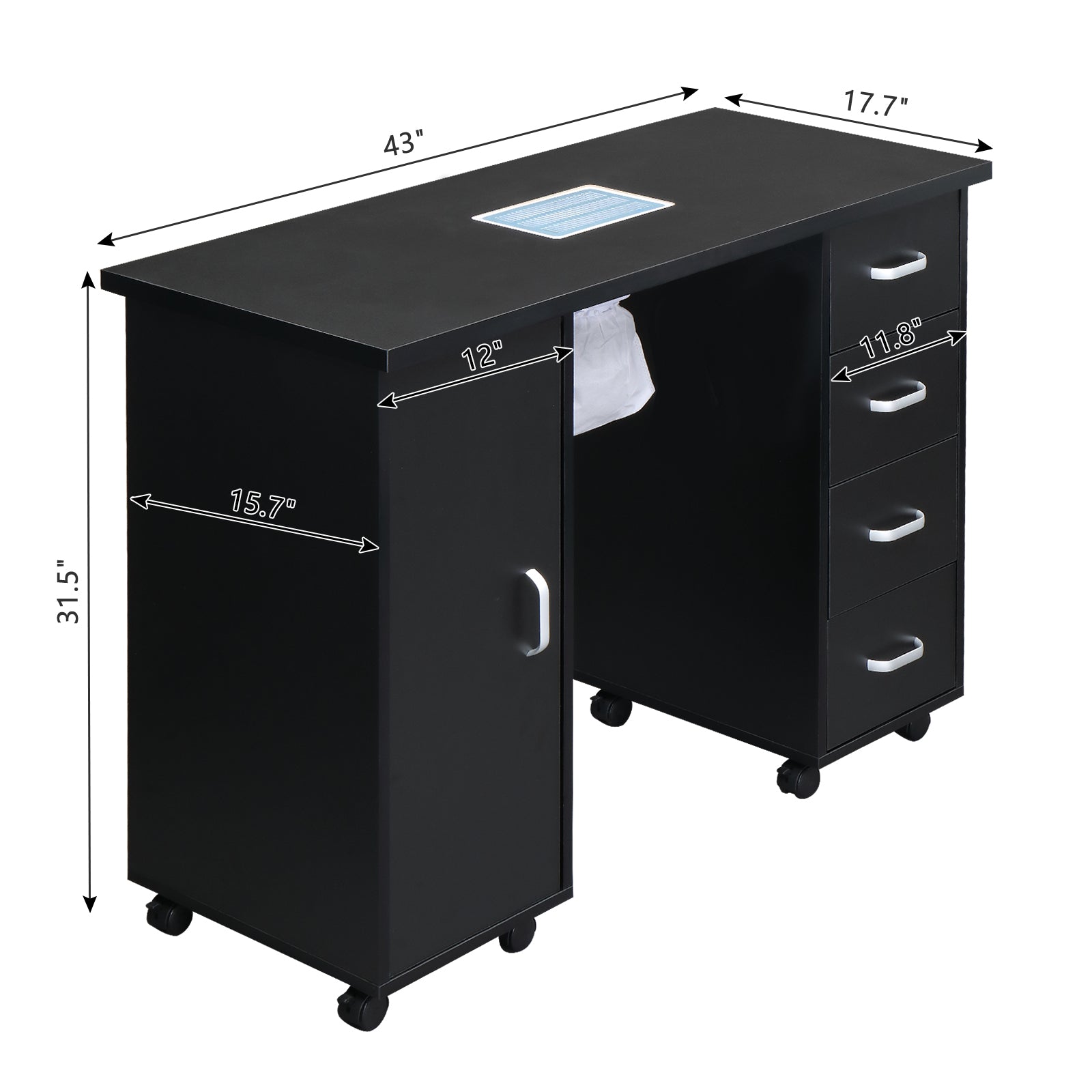 HAOYYE Black Nail Table with Fan Modern Manicure Station for Salon or Home Use MDF Single Door Design with 4 Removable Drawers Lockable Storage Easy to Clean Durable and Professional Nail Desk Workstation