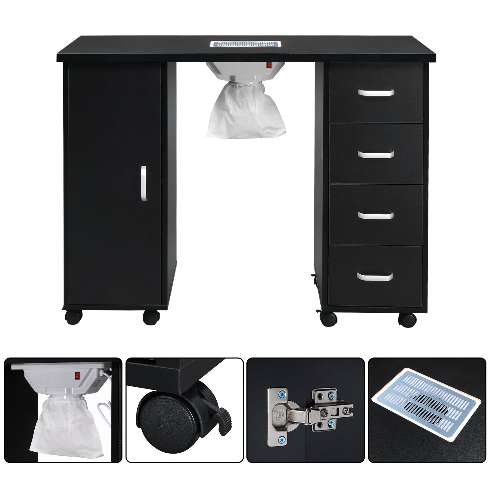 HAOYYE Black Nail Table with Fan Modern Manicure Station for Salon or Home Use MDF Single Door Design with 4 Removable Drawers Lockable Storage Easy to Clean Durable and Professional Nail Desk Workstation