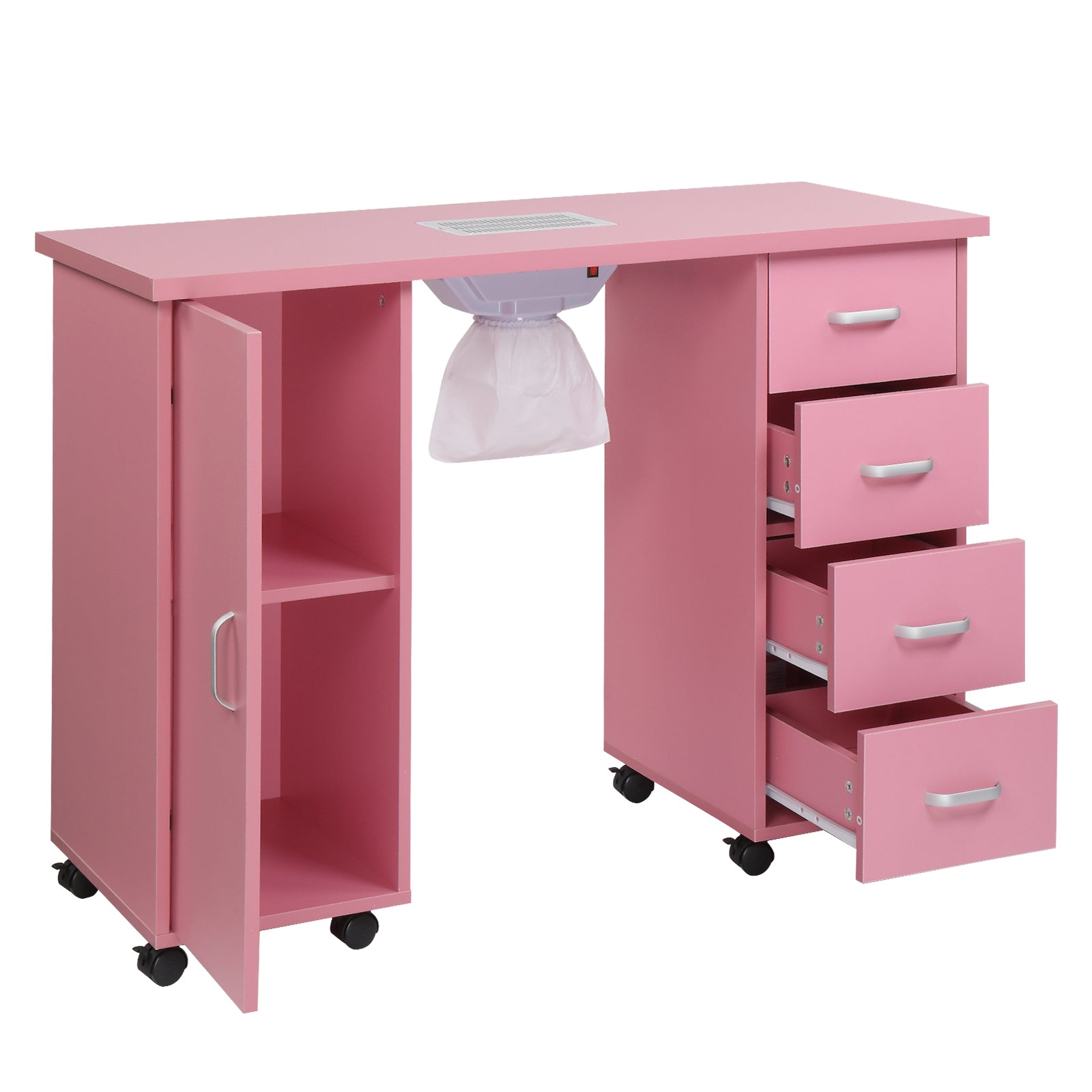 HAOYYE Pink Manicure Table with Fan MDF Beauty Salon Nail Desk Station with Single Door and 4 Drawers Modern Rolling Nail Technician Workstation for Home Studio Spa Use Easy to Move and Organize