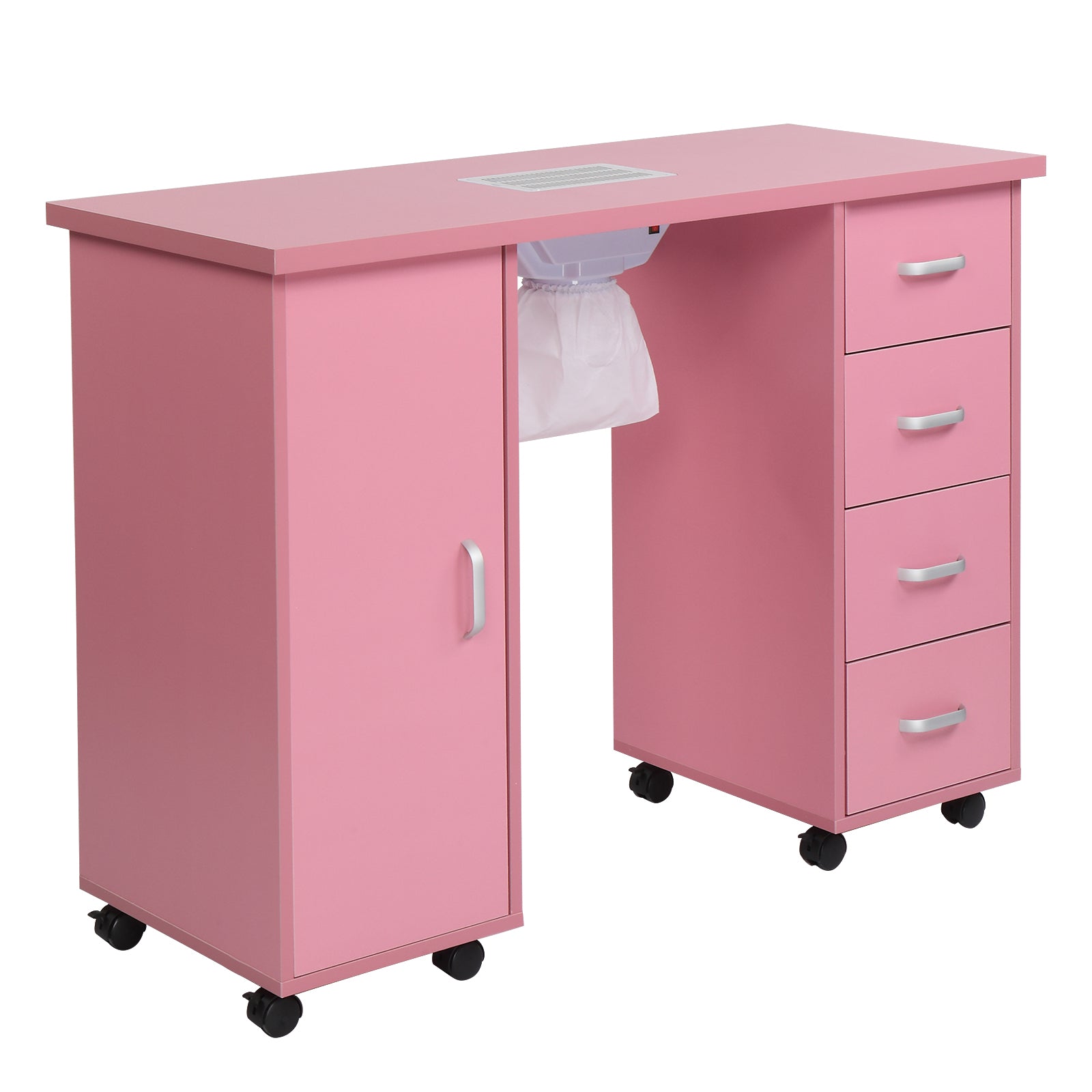 HAOYYE Pink Manicure Table with Fan MDF Beauty Salon Nail Desk Station with Single Door and 4 Drawers Modern Rolling Nail Technician Workstation for Home Studio Spa Use Easy to Move and Organize