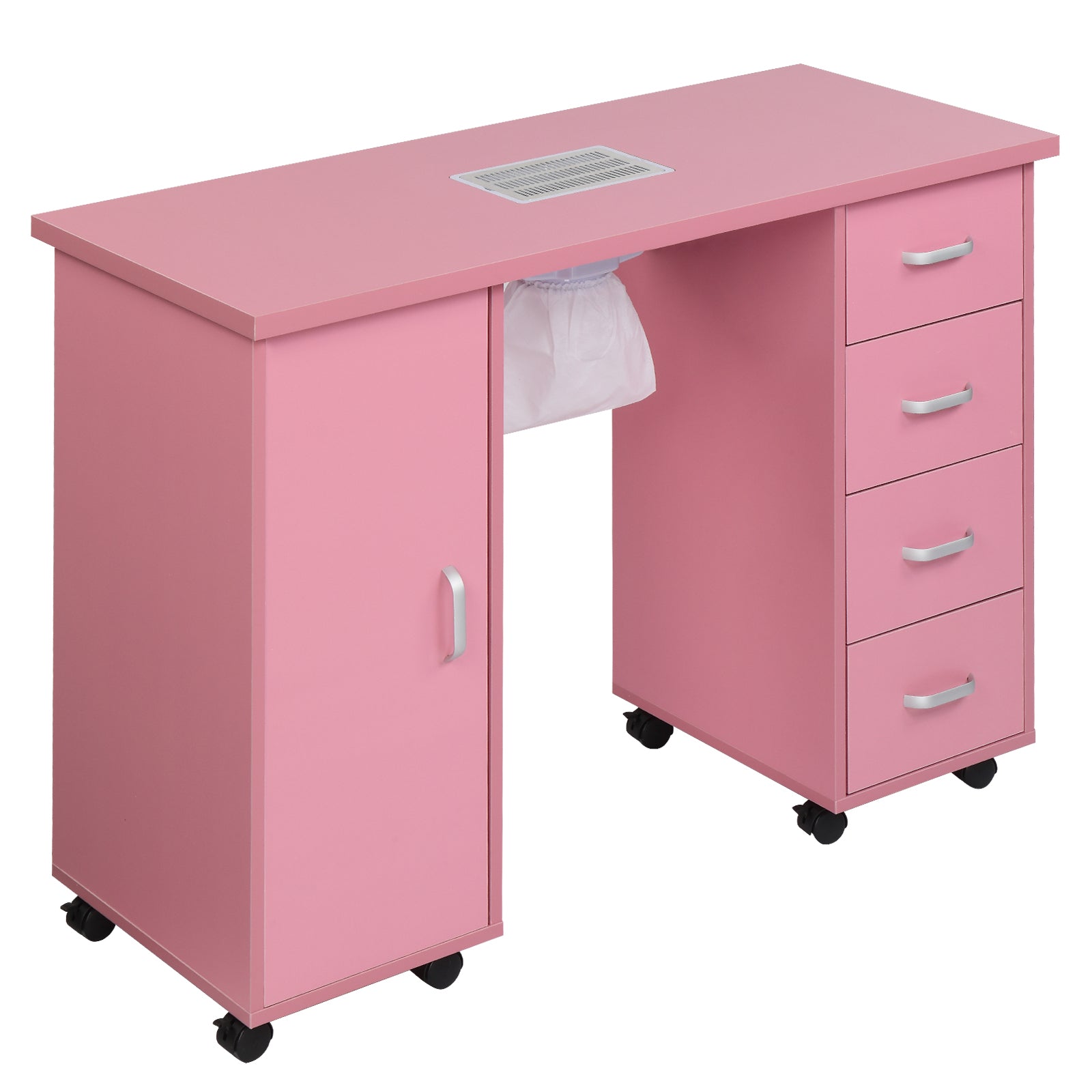 HAOYYE Pink Manicure Table with Fan MDF Beauty Salon Nail Desk Station with Single Door and 4 Drawers Modern Rolling Nail Technician Workstation for Home Studio Spa Use Easy to Move and Organize