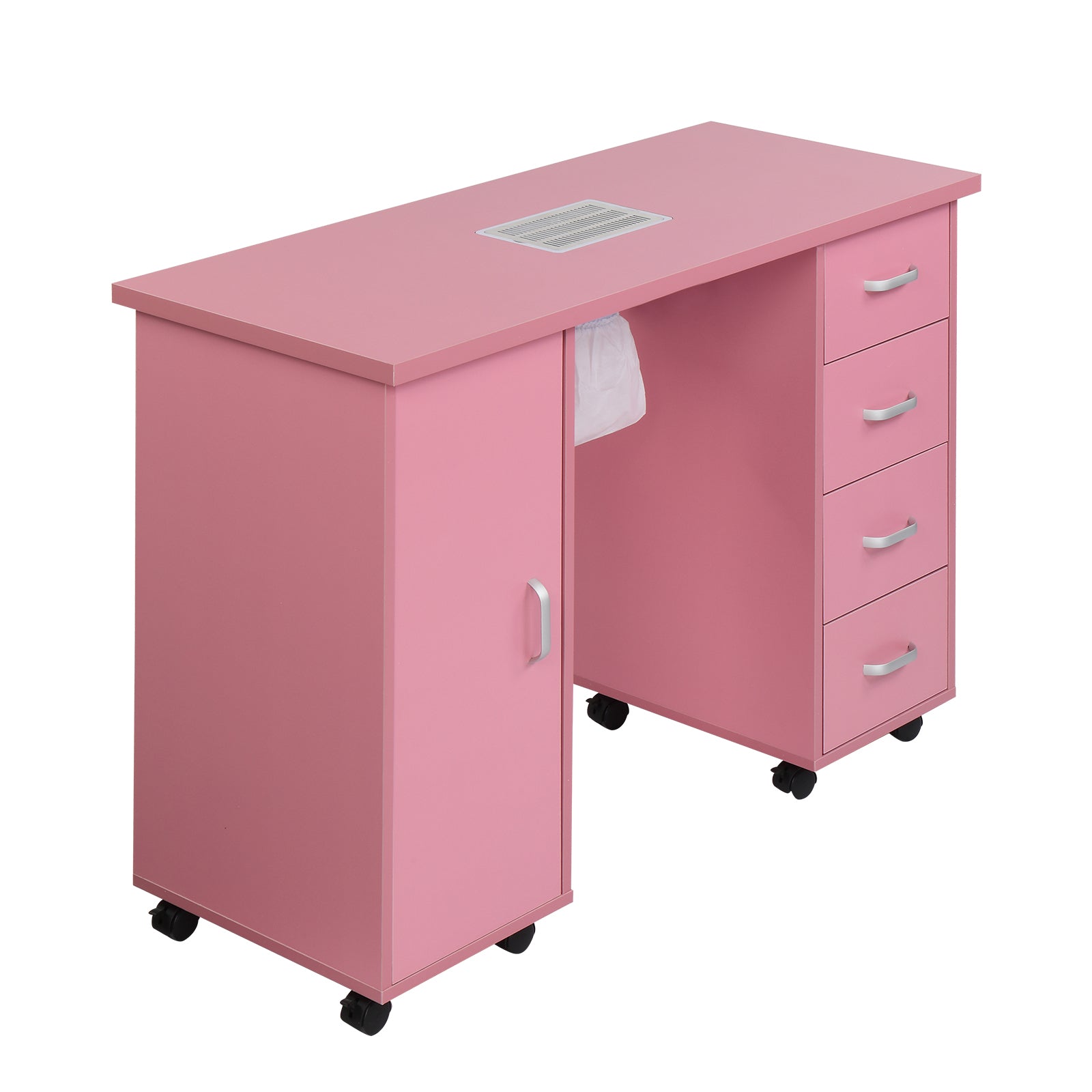 HAOYYE Pink Manicure Table with Fan MDF Beauty Salon Nail Desk Station with Single Door and 4 Drawers Modern Rolling Nail Technician Workstation for Home Studio Spa Use Easy to Move and Organize
