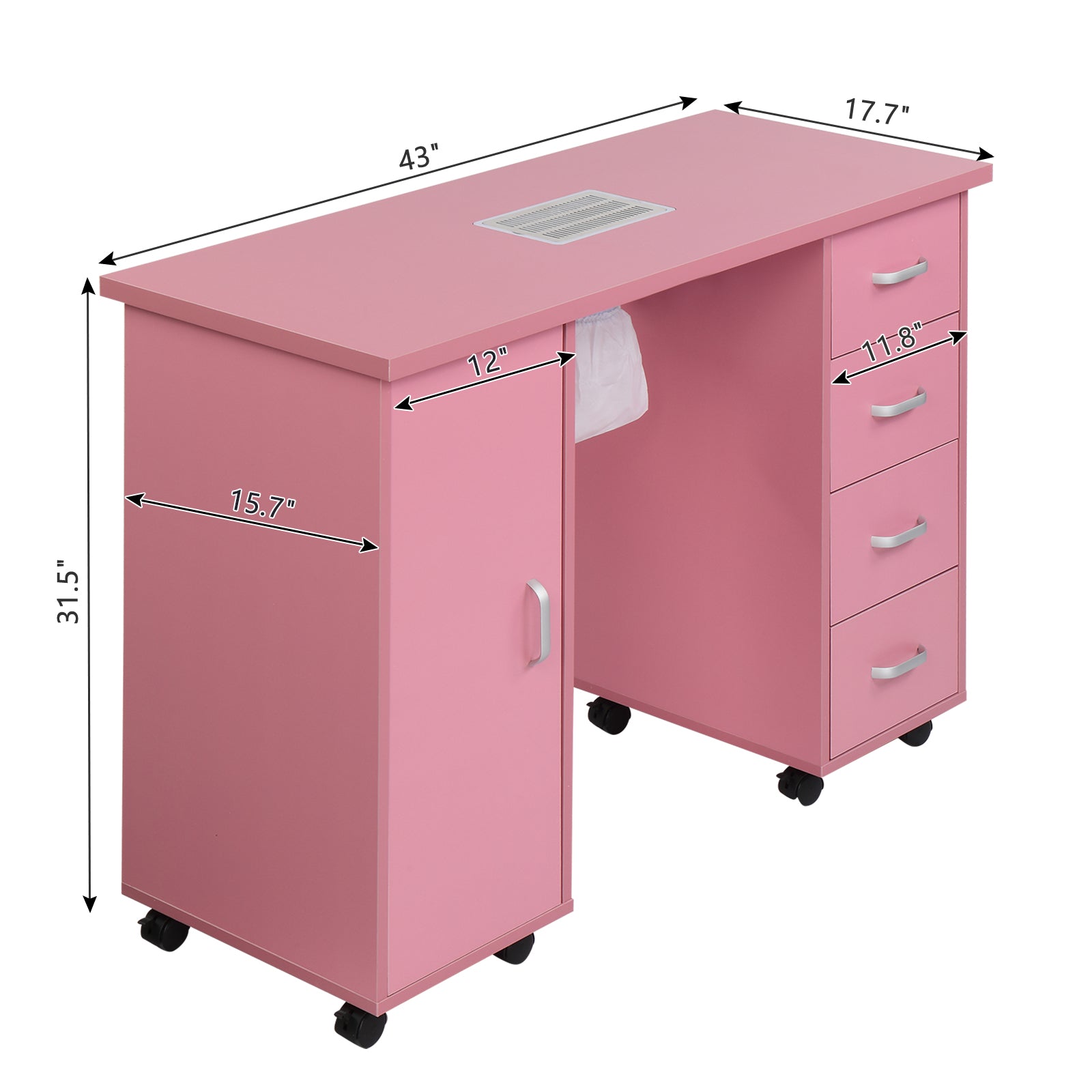 HAOYYE Pink Manicure Table with Fan MDF Beauty Salon Nail Desk Station with Single Door and 4 Drawers Modern Rolling Nail Technician Workstation for Home Studio Spa Use Easy to Move and Organize