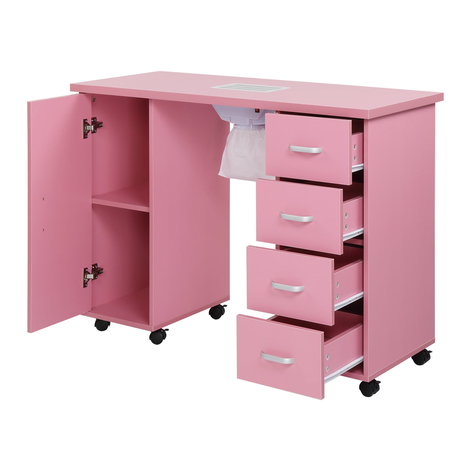 HAOYYE Pink Manicure Table with Fan MDF Beauty Salon Nail Desk Station with Single Door and 4 Drawers Modern Rolling Nail Technician Workstation for Home Studio Spa Use Easy to Move and Organize