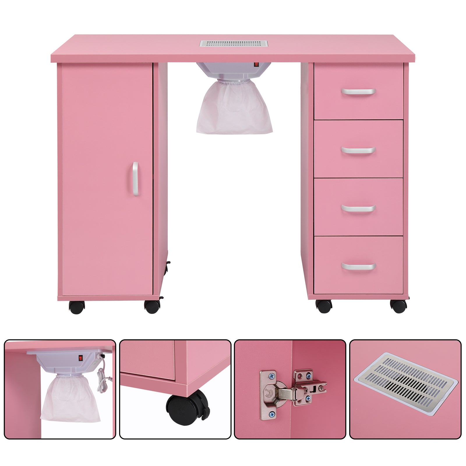 HAOYYE Pink Manicure Table with Fan MDF Beauty Salon Nail Desk Station with Single Door and 4 Drawers Modern Rolling Nail Technician Workstation for Home Studio Spa Use Easy to Move and Organize