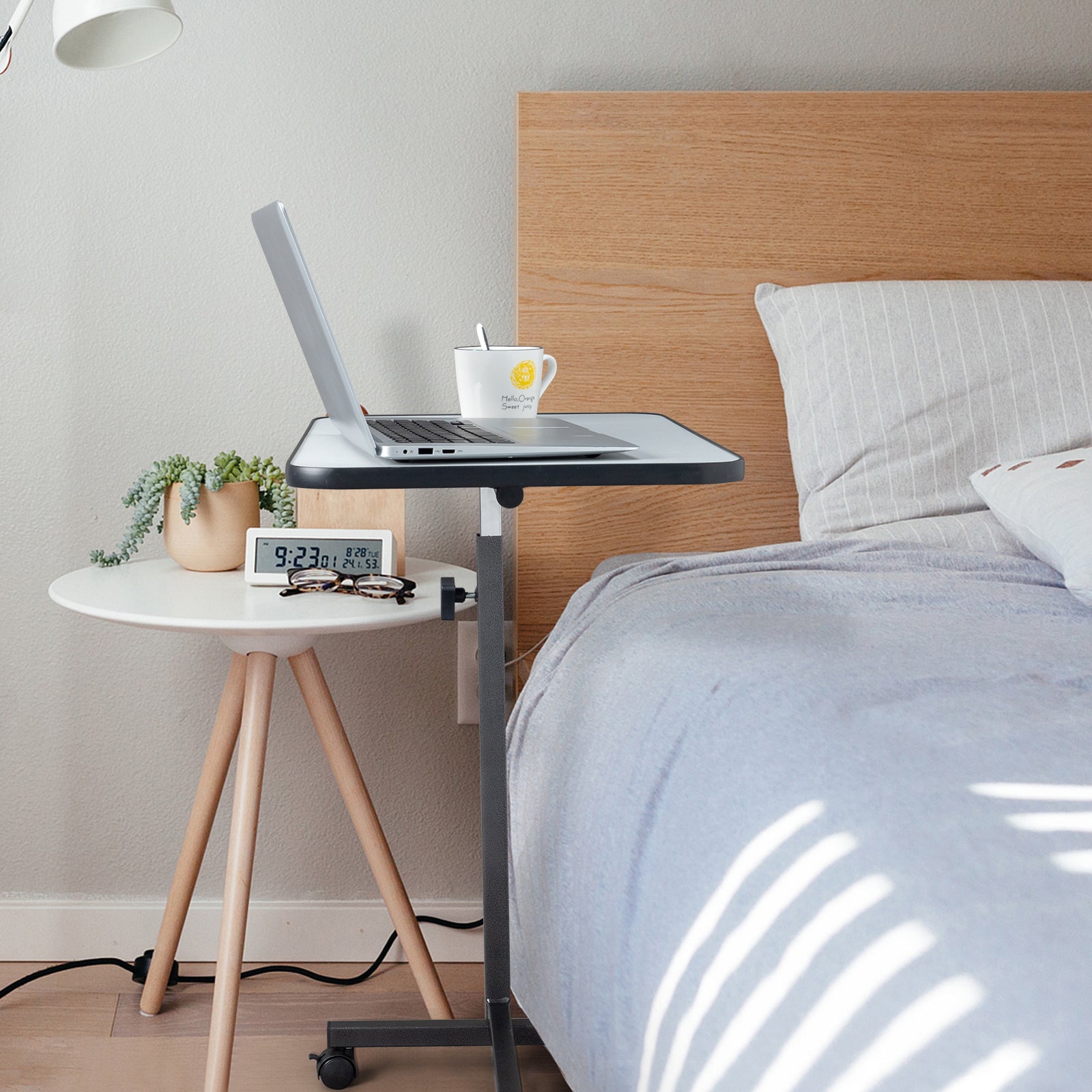 HAOYYE Multifunctional Adjustable Bedside Table with MDF and Iron, 4 Wheels with Brake, Silver Grey for Eating Writing Laptop Use