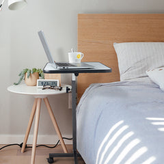 HAOYYE Multifunctional Adjustable Bedside Table with MDF and Iron, 4 Wheels with Brake, Silver Grey for Eating Writing Laptop Use