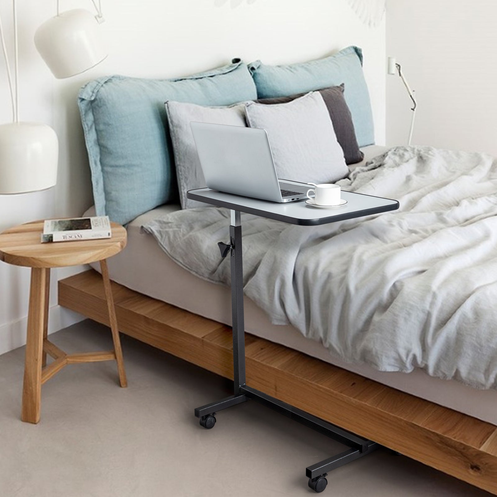 HAOYYE Multifunctional Adjustable Bedside Table with MDF and Iron, 4 Wheels with Brake, Silver Grey for Eating Writing Laptop Use