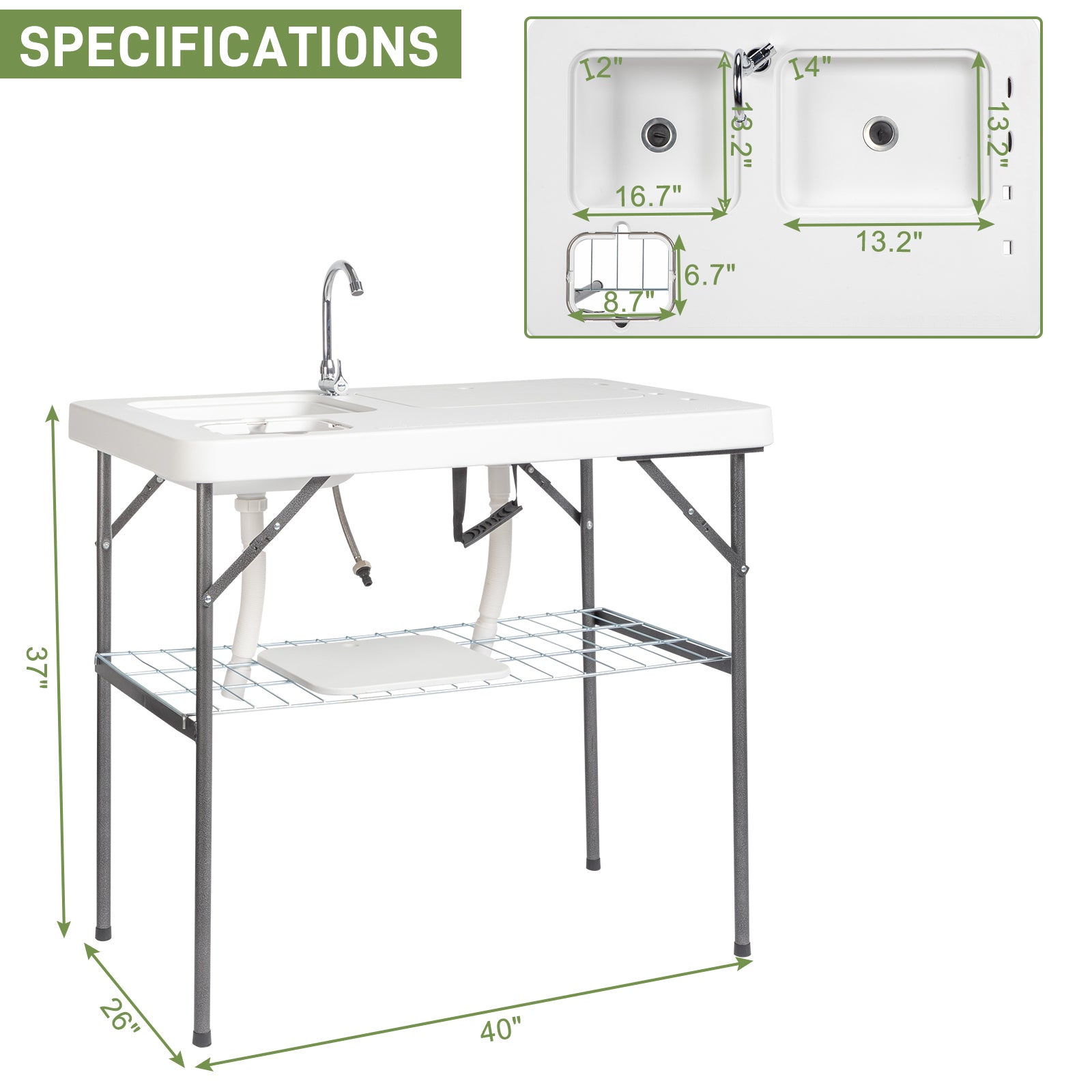 HAOYYE White Foldable Outdoor Fish Cleaning Table Rectangular HDPE Surface with Barbed Wire Mesh Heavy Duty Portable Processing Station for Backyard BBQ Camping Fishing Cleaning Cutting and Food Prep
