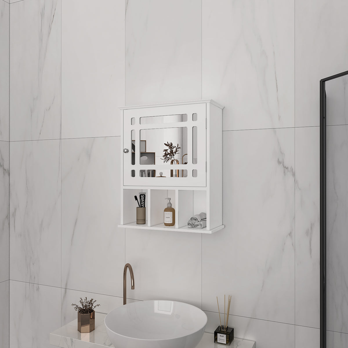 HAOYYE Single-Door Bathroom Cabinet, White Three-Compartment Organizer, Sturdy Durable Design, Multifunctional Home Storage Solution, Modern Space-Saving Organizer For Bathroom And Living Room, Stylish And Practical Furniture For Home Organization