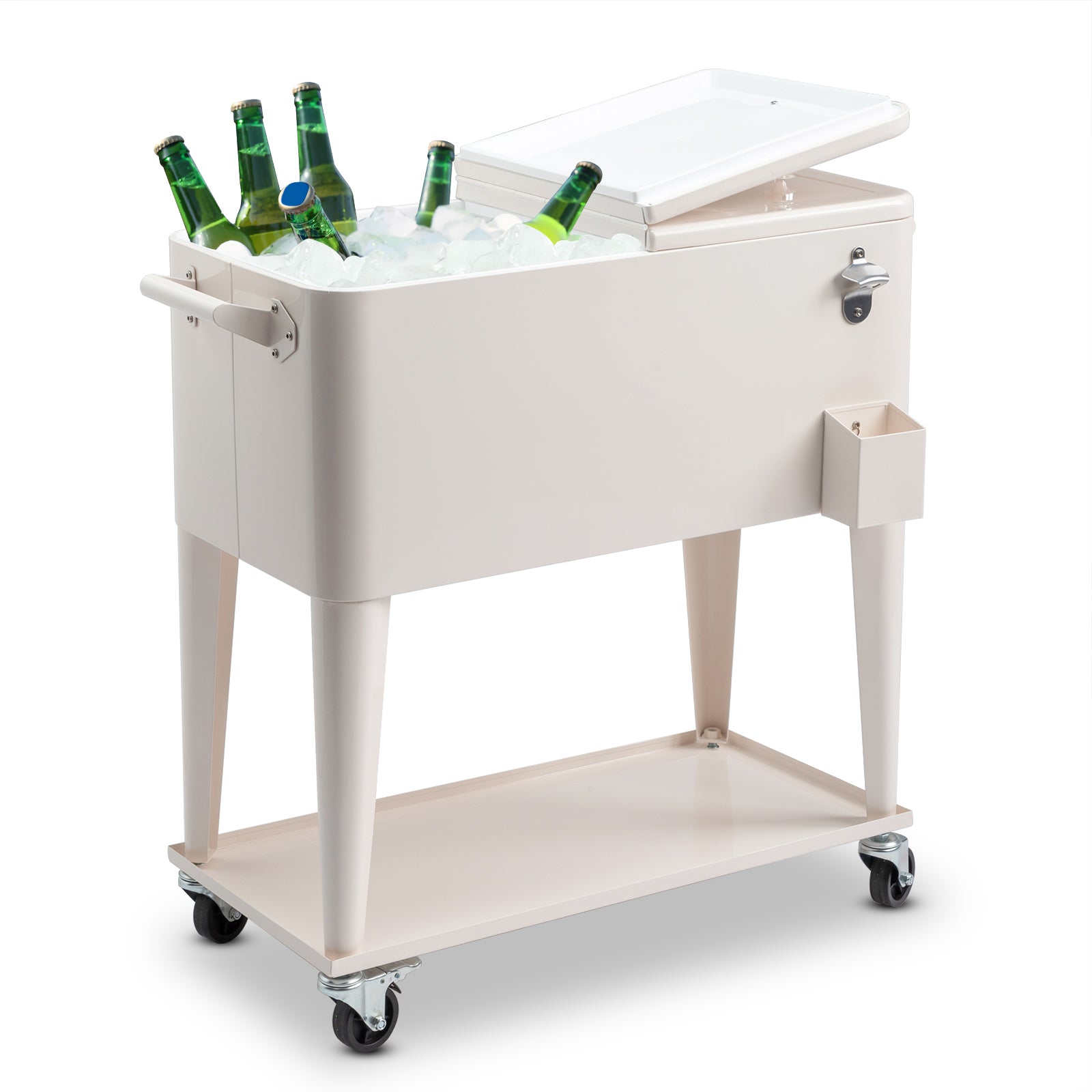 HAOYYE  Rolling Cooler Cart, White Box with Drain Pipe, Large Capacity Insulated Freezer with Bottle Opener, Locking Casters, Ideal for Outdoor Events and Parties