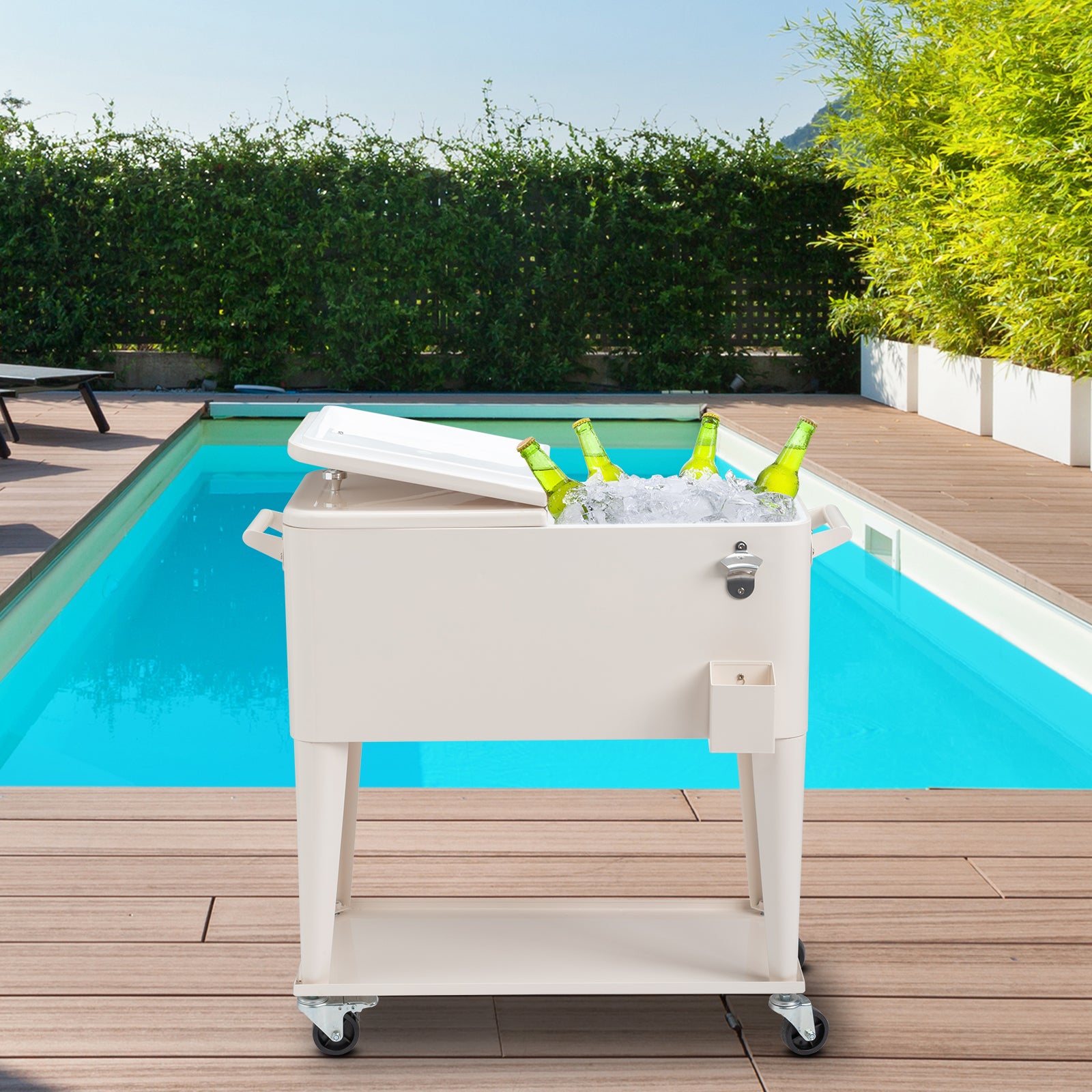 HAOYYE  Rolling Cooler Cart, White Box with Drain Pipe, Large Capacity Insulated Freezer with Bottle Opener, Locking Casters, Ideal for Outdoor Events and Parties