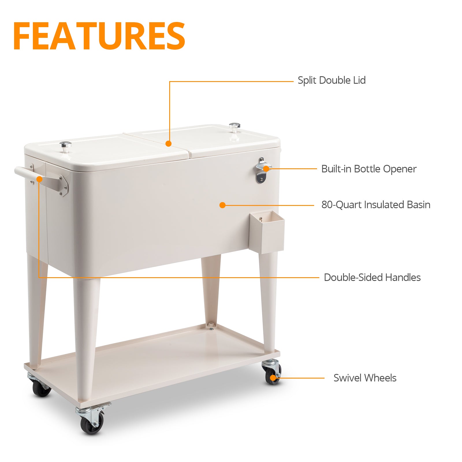 HAOYYE  Rolling Cooler Cart, White Box with Drain Pipe, Large Capacity Insulated Freezer with Bottle Opener, Locking Casters, Ideal for Outdoor Events and Parties
