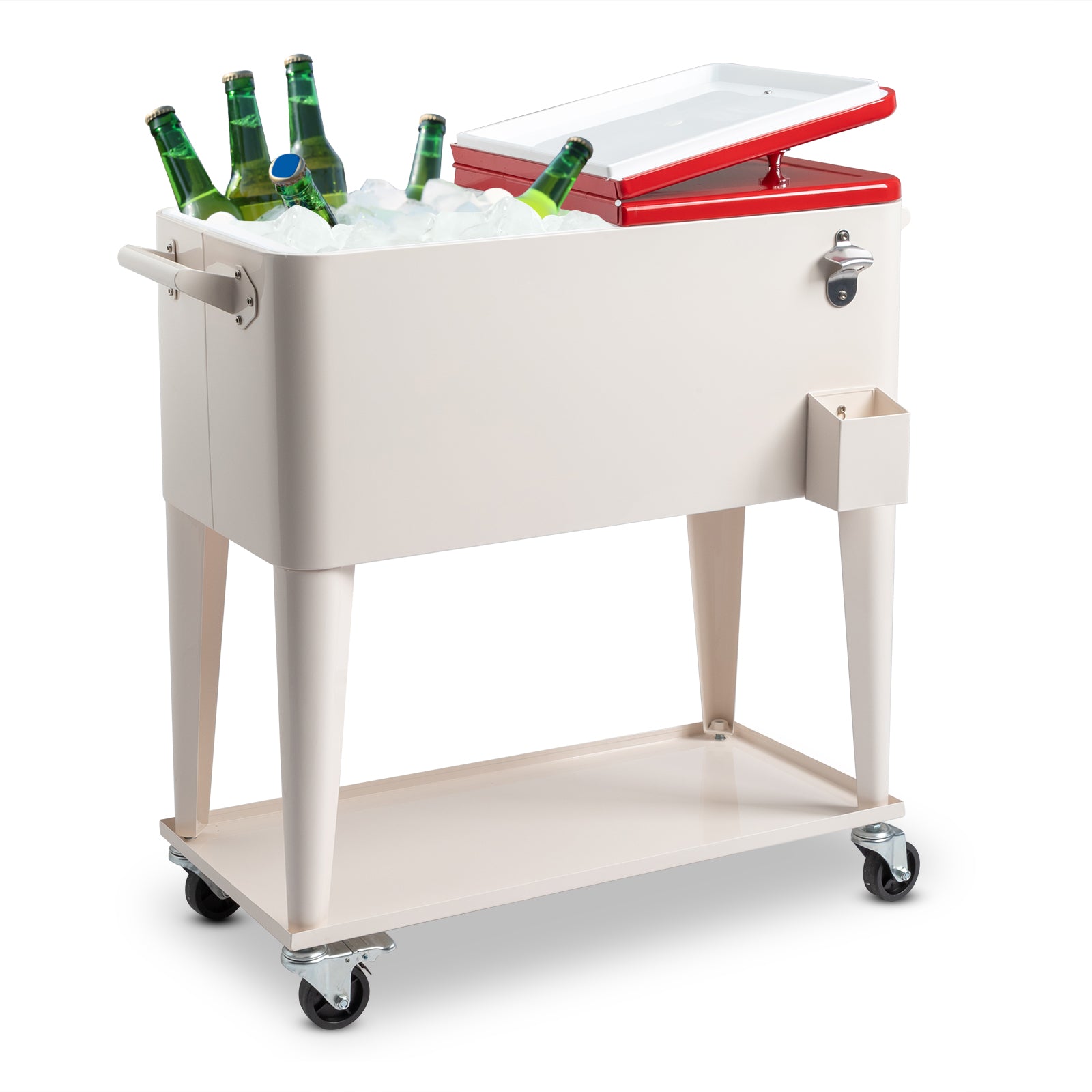 HAOYYE  Red & White Box Cooler with Drain Pipe, Insulated Freezer Incubator with Wheels, Bottle Opener, and Cap Catcher, Ideal for Outdoor Events, BBQs, Camping, and Picnics