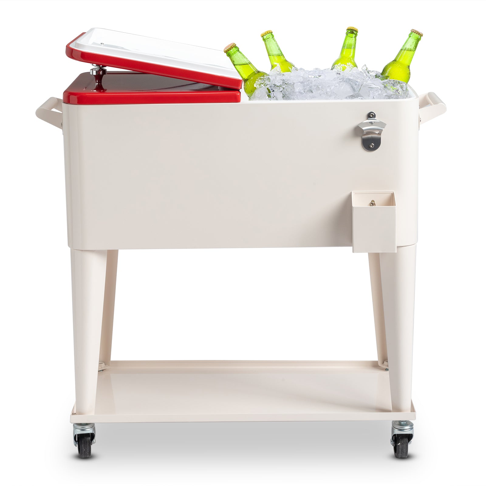 HAOYYE  Red & White Box Cooler with Drain Pipe, Insulated Freezer Incubator with Wheels, Bottle Opener, and Cap Catcher, Ideal for Outdoor Events, BBQs, Camping, and Picnics