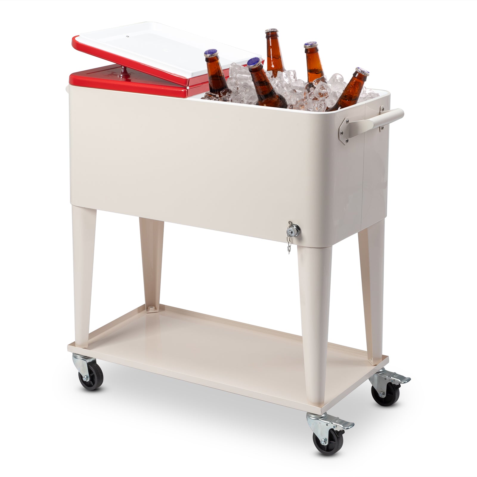 HAOYYE  Red & White Box Cooler with Drain Pipe, Insulated Freezer Incubator with Wheels, Bottle Opener, and Cap Catcher, Ideal for Outdoor Events, BBQs, Camping, and Picnics