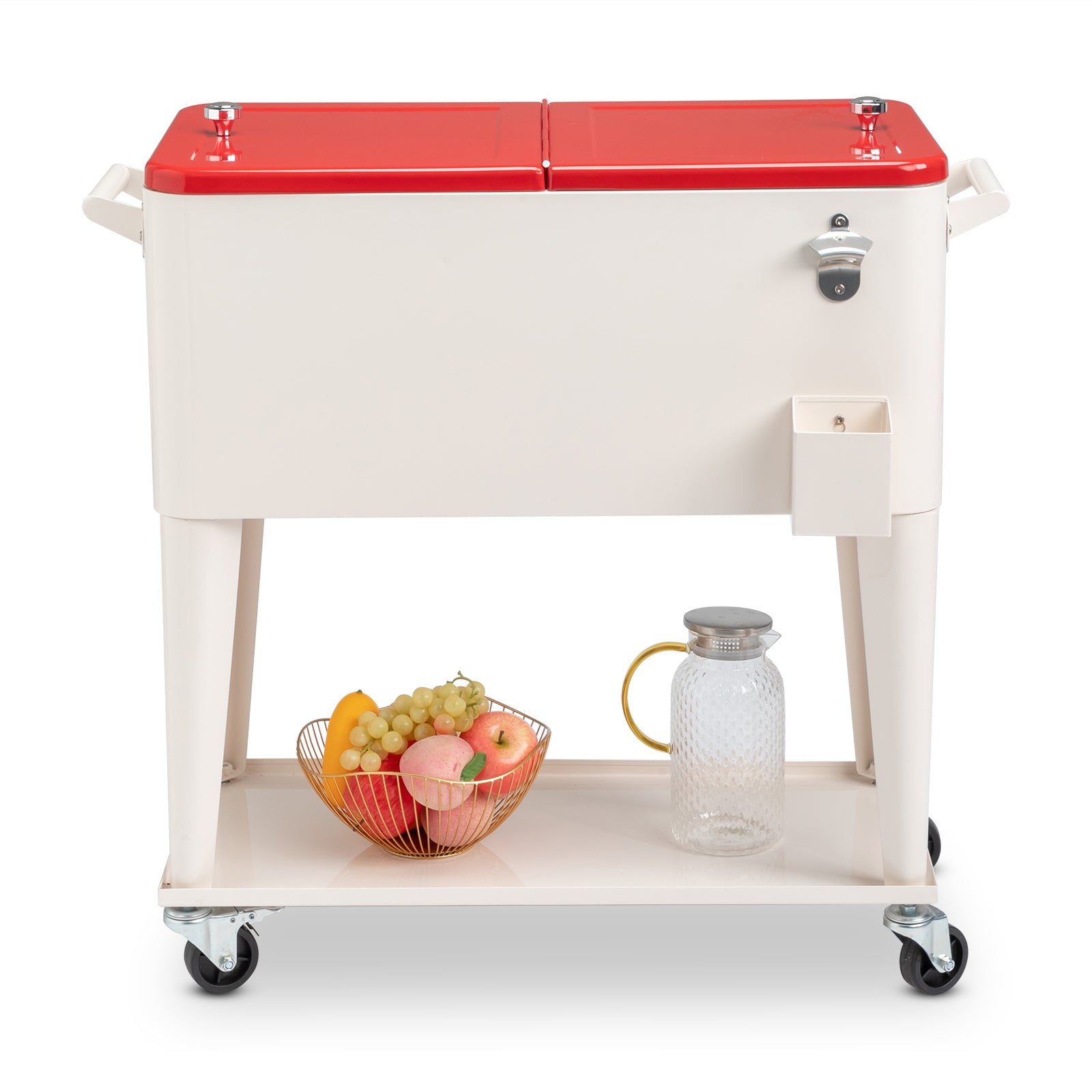 HAOYYE  Red & White Box Cooler with Drain Pipe, Insulated Freezer Incubator with Wheels, Bottle Opener, and Cap Catcher, Ideal for Outdoor Events, BBQs, Camping, and Picnics