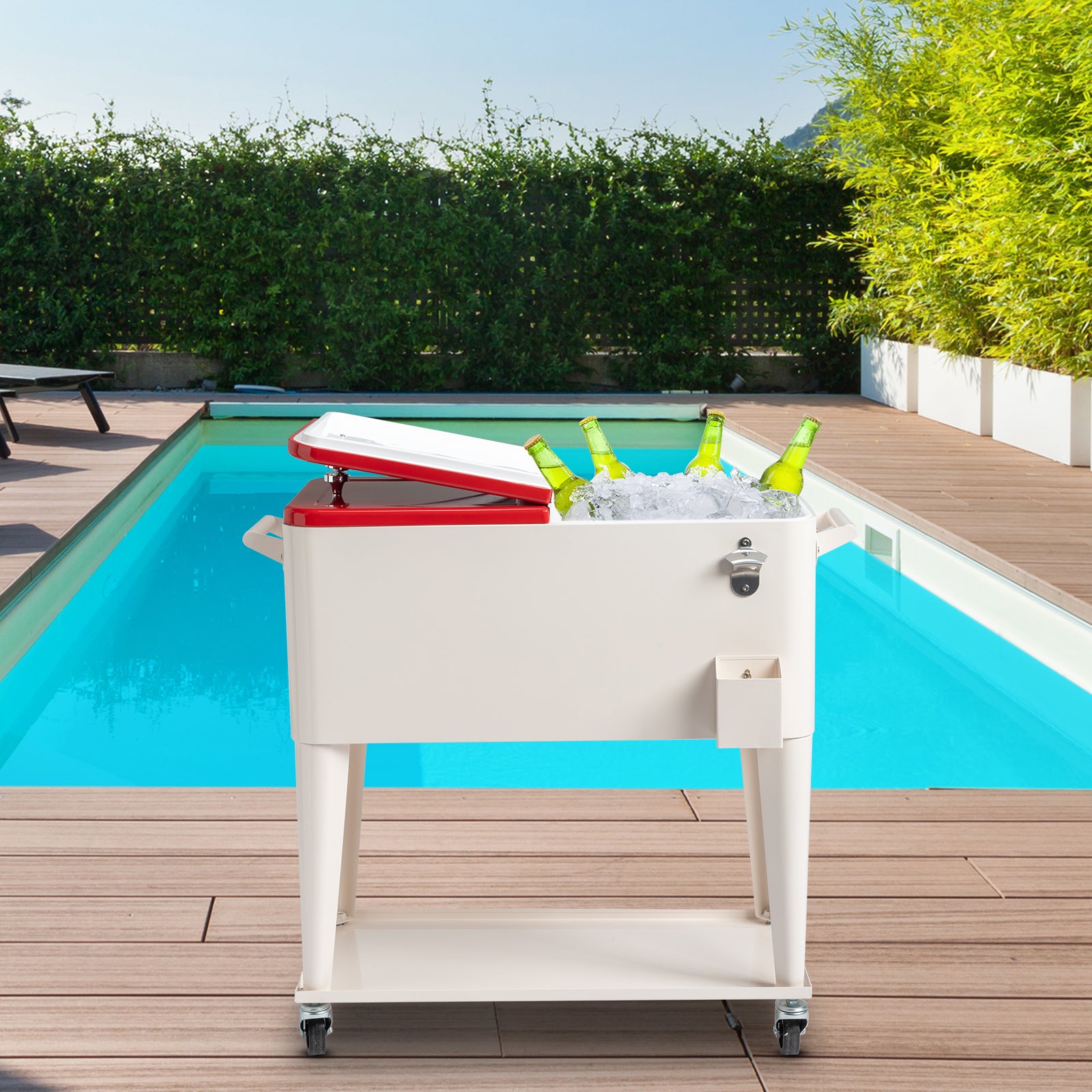 HAOYYE  Red & White Box Cooler with Drain Pipe, Insulated Freezer Incubator with Wheels, Bottle Opener, and Cap Catcher, Ideal for Outdoor Events, BBQs, Camping, and Picnics