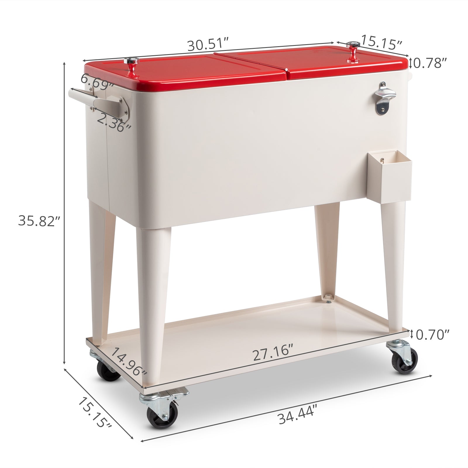 HAOYYE  Red & White Box Cooler with Drain Pipe, Insulated Freezer Incubator with Wheels, Bottle Opener, and Cap Catcher, Ideal for Outdoor Events, BBQs, Camping, and Picnics