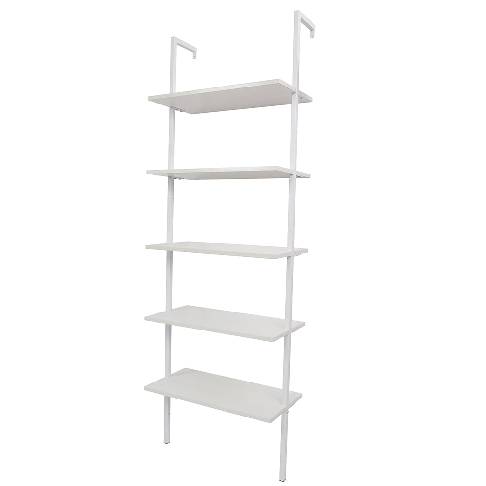 HAOYYE 5-Shelf Wood Ladder Bookcase with Metal Frame, Industrial 5-Tier Modern Ladder Shelf, White Wood Shelves, Soft Cozy Warm Flannel Fleece Home Decor, Luxury Comfortable Unique Design, Premium Quality Storage Organizer for Living Room, Office, Bedroom