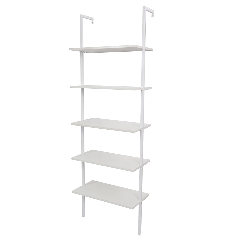 HAOYYE 5-Shelf Wood Ladder Bookcase with Metal Frame, Industrial 5-Tier Modern Ladder Shelf, White Wood Shelves, Soft Cozy Warm Flannel Fleece Home Decor, Luxury Comfortable Unique Design, Premium Quality Storage Organizer for Living Room, Office, Bedroom