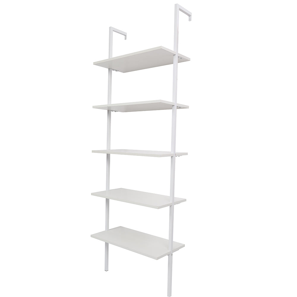 HAOYYE 5-Shelf Wood Ladder Bookcase with Metal Frame, Industrial 5-Tier Modern Ladder Shelf, White Wood Shelves, Soft Cozy Warm Flannel Fleece Home Decor, Luxury Comfortable Unique Design, Premium Quality Storage Organizer for Living Room, Office, Bedroom