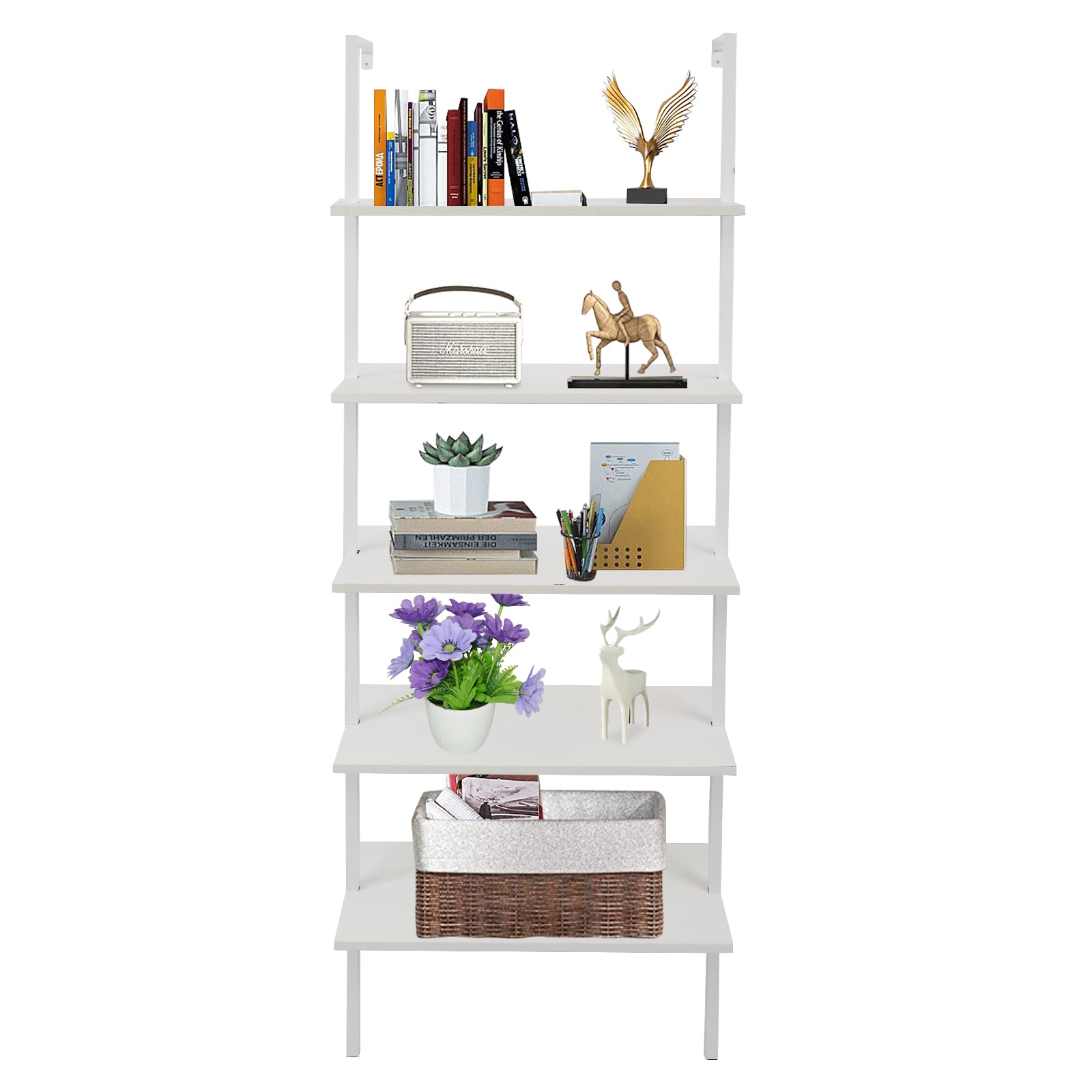 HAOYYE 5-Shelf Wood Ladder Bookcase with Metal Frame, Industrial 5-Tier Modern Ladder Shelf, White Wood Shelves, Soft Cozy Warm Flannel Fleece Home Decor, Luxury Comfortable Unique Design, Premium Quality Storage Organizer for Living Room, Office, Bedroom