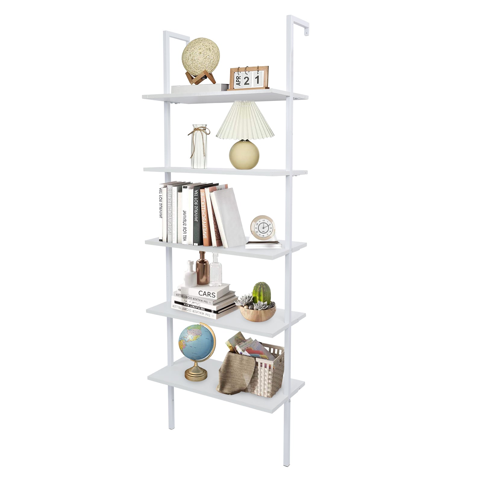 HAOYYE 5-Shelf Wood Ladder Bookcase with Metal Frame, Industrial 5-Tier Modern Ladder Shelf, White Wood Shelves, Soft Cozy Warm Flannel Fleece Home Decor, Luxury Comfortable Unique Design, Premium Quality Storage Organizer for Living Room, Office, Bedroom