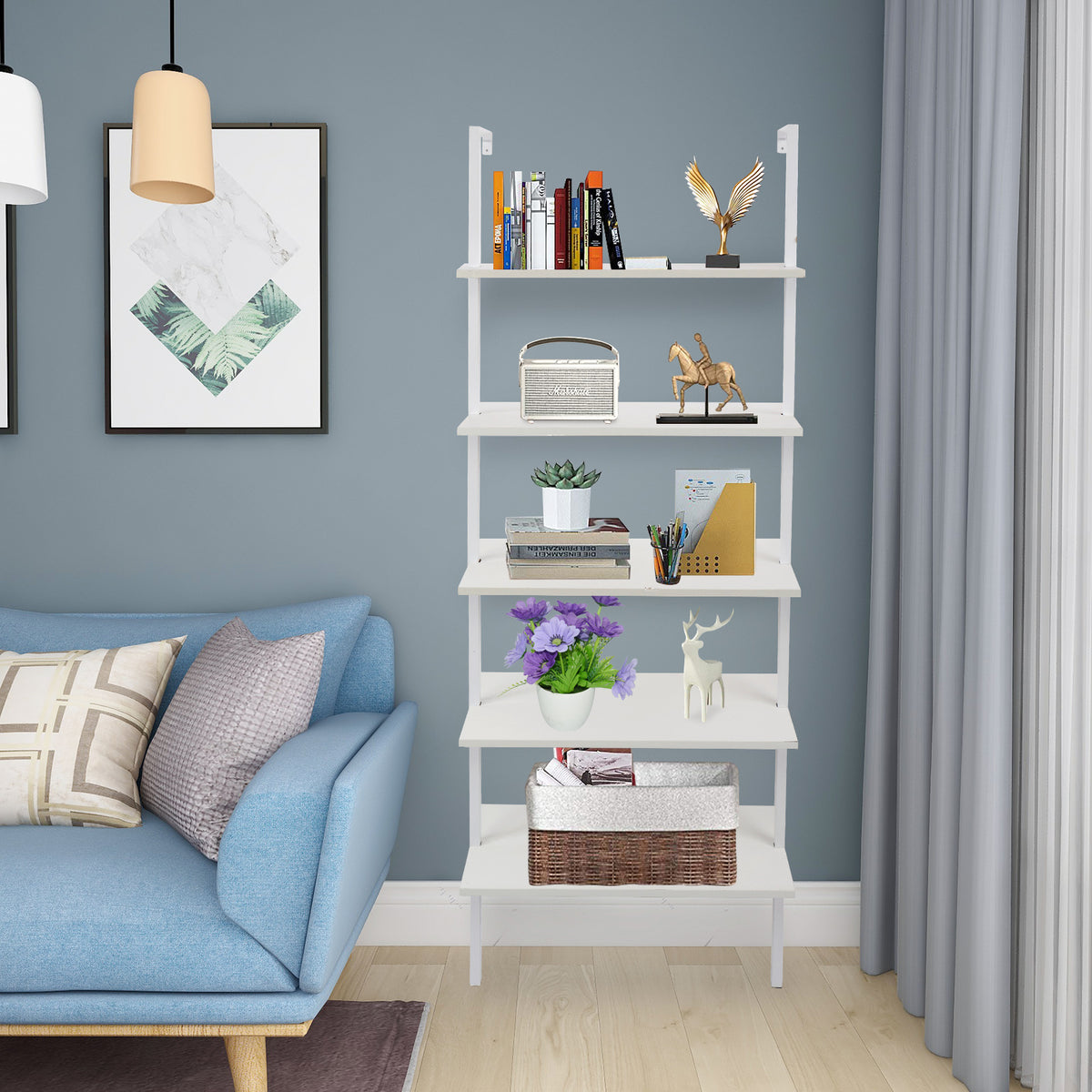 HAOYYE 5-Shelf Wood Ladder Bookcase with Metal Frame, Industrial 5-Tier Modern Ladder Shelf, White Wood Shelves, Soft Cozy Warm Flannel Fleece Home Decor, Luxury Comfortable Unique Design, Premium Quality Storage Organizer for Living Room, Office, Bedroom