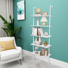 HAOYYE 5-Shelf Wood Ladder Bookcase with Metal Frame, Industrial 5-Tier Modern Ladder Shelf, White Wood Shelves, Soft Cozy Warm Flannel Fleece Home Decor, Luxury Comfortable Unique Design, Premium Quality Storage Organizer for Living Room, Office, Bedroom