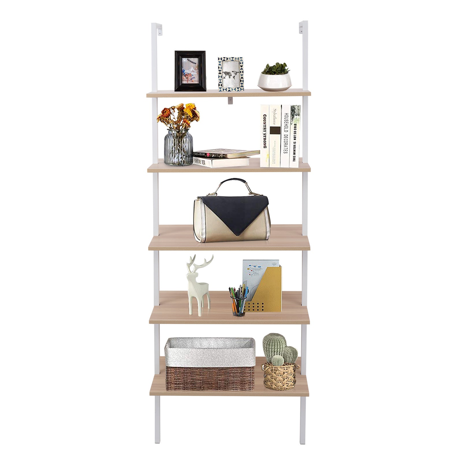 HAOYYE 5-Shelf Wood Ladder Bookcase, Industrial 5-Tier Modern Ladder Shelf with Walnut Wood Shelves and Metal Frame, Soft Cozy Warm Flannel Fleece Home Decor, Luxury Comfortable Unique Design, Premium Quality