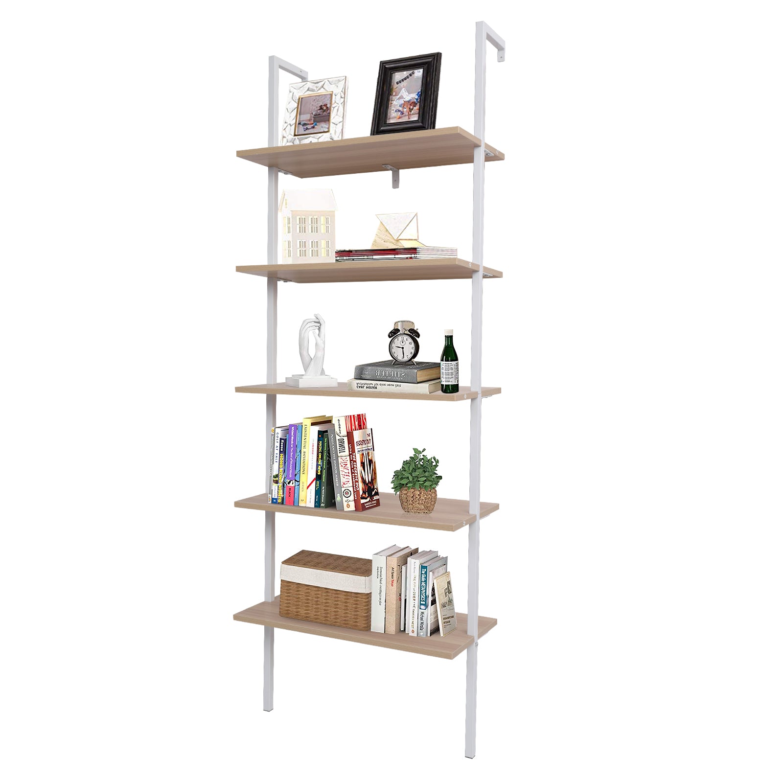 HAOYYE 5-Shelf Wood Ladder Bookcase, Industrial 5-Tier Modern Ladder Shelf with Walnut Wood Shelves and Metal Frame, Soft Cozy Warm Flannel Fleece Home Decor, Luxury Comfortable Unique Design, Premium Quality