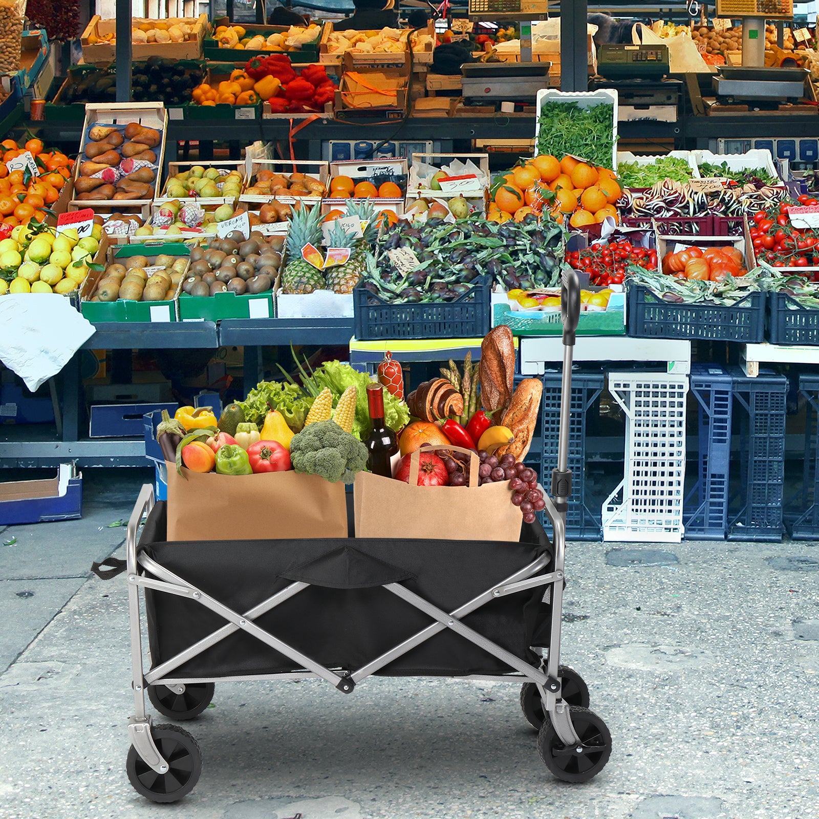 HAOYYE Folding Garden Utility Cart with Steel Frame and 600D Oxford Fabric, 220lbs Capacity, Heavy Duty Collapsible Wagon with Handle for Yard Camping Shopping Outdoor Use