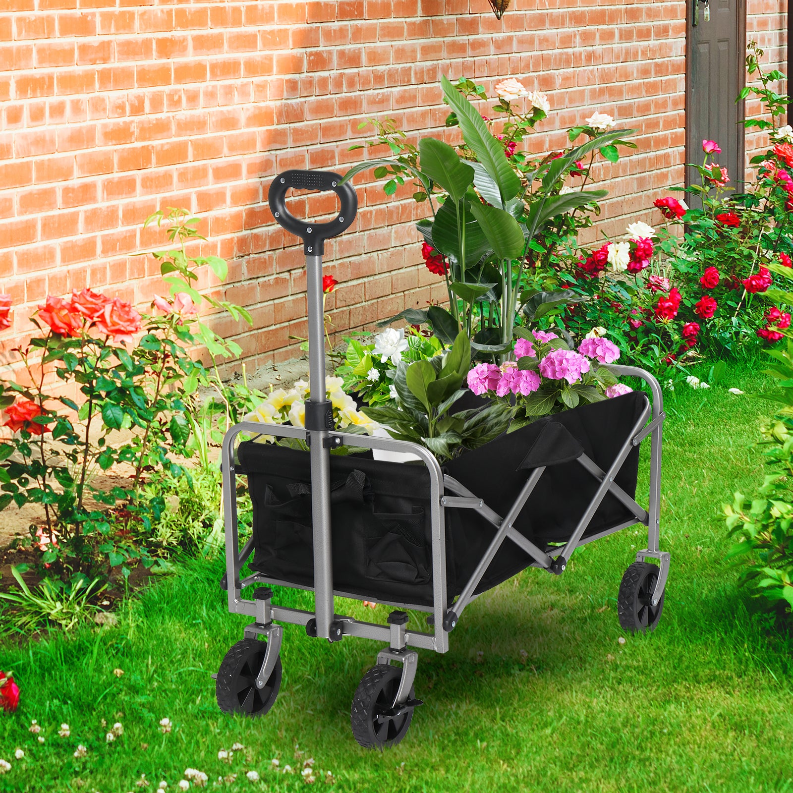 HAOYYE Folding Garden Utility Cart with Steel Frame and 600D Oxford Fabric, 220lbs Capacity, Heavy Duty Collapsible Wagon with Handle for Yard Camping Shopping Outdoor Use