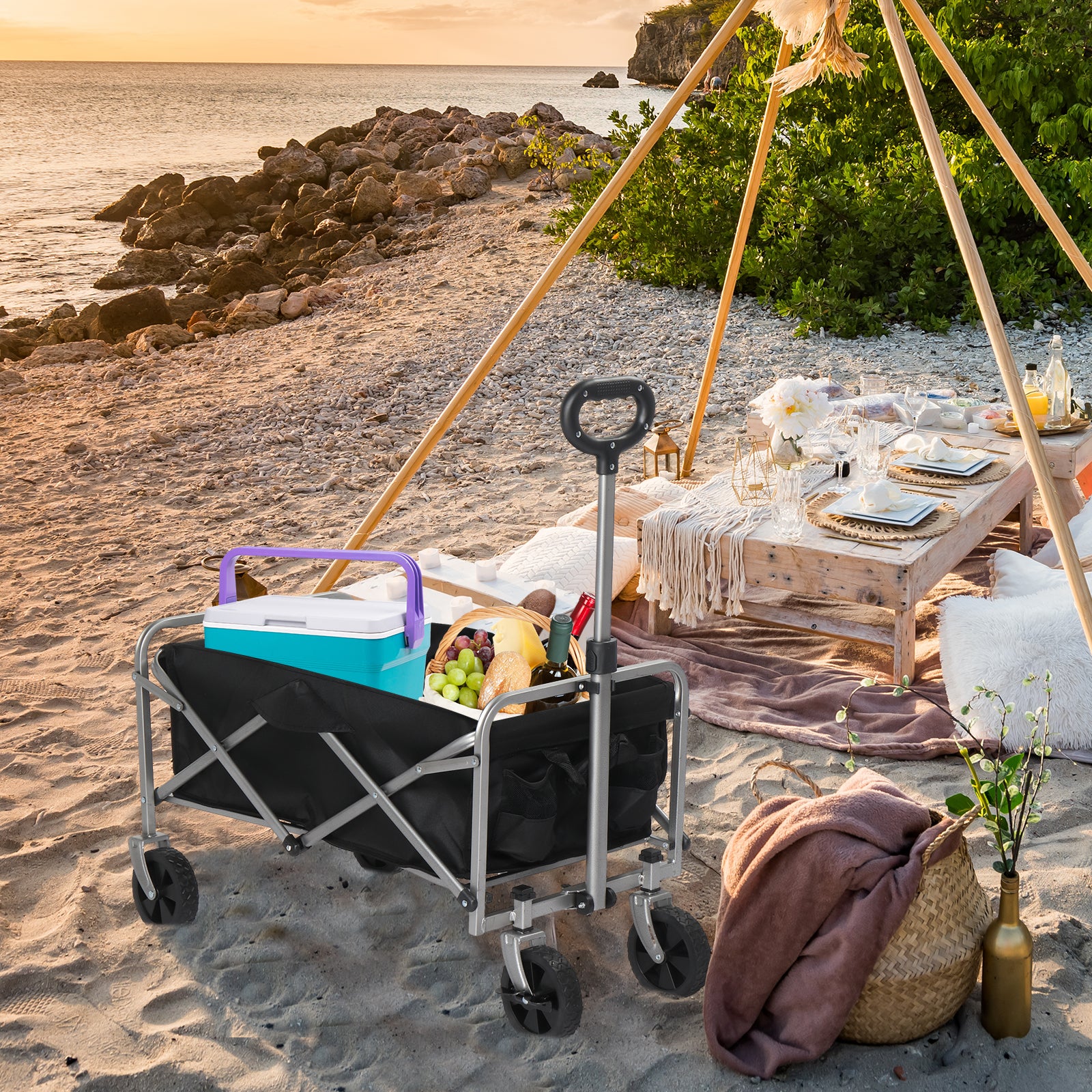 HAOYYE Folding Garden Utility Cart with Steel Frame and 600D Oxford Fabric, 220lbs Capacity, Heavy Duty Collapsible Wagon with Handle for Yard Camping Shopping Outdoor Use