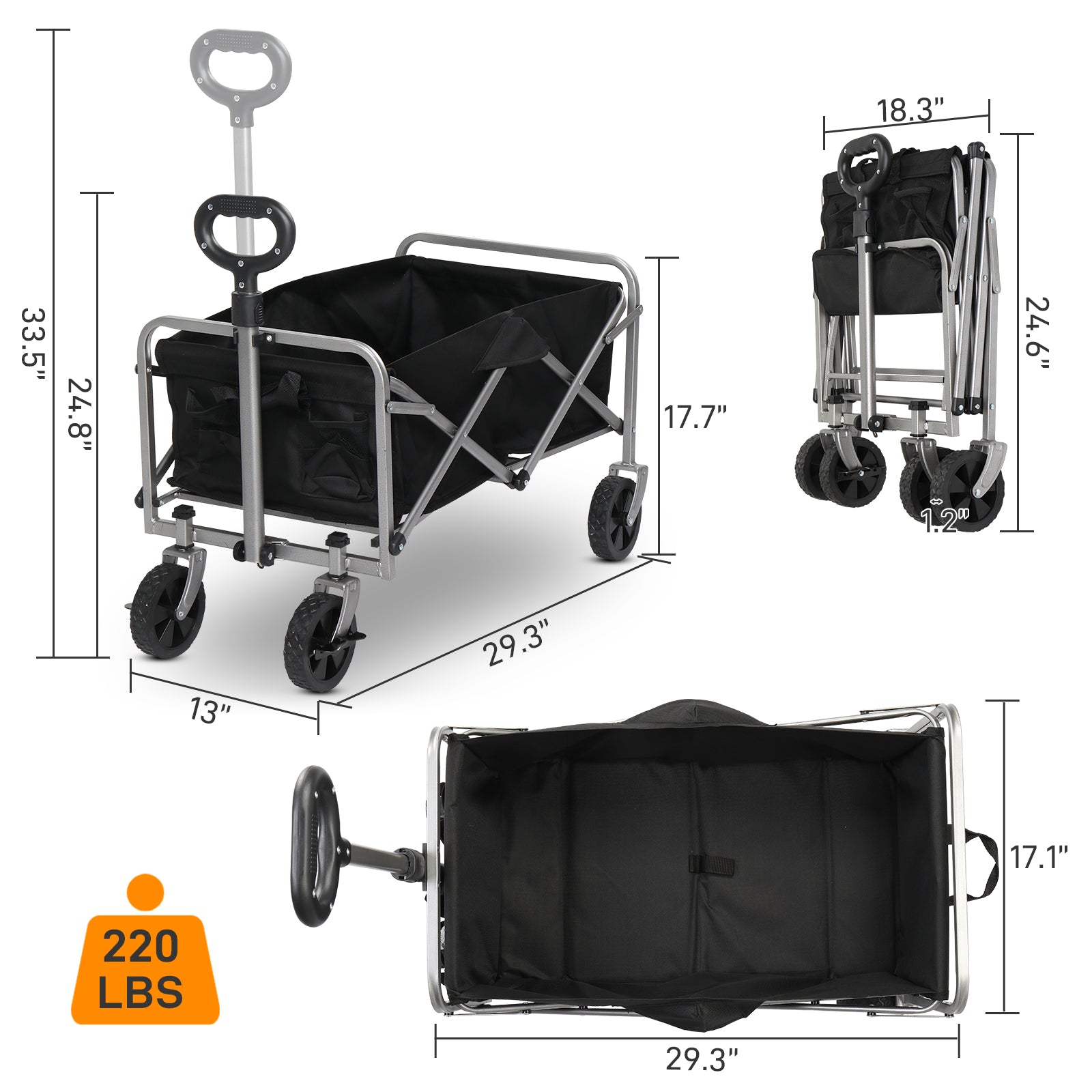 HAOYYE Folding Garden Utility Cart with Steel Frame and 600D Oxford Fabric, 220lbs Capacity, Heavy Duty Collapsible Wagon with Handle for Yard Camping Shopping Outdoor Use