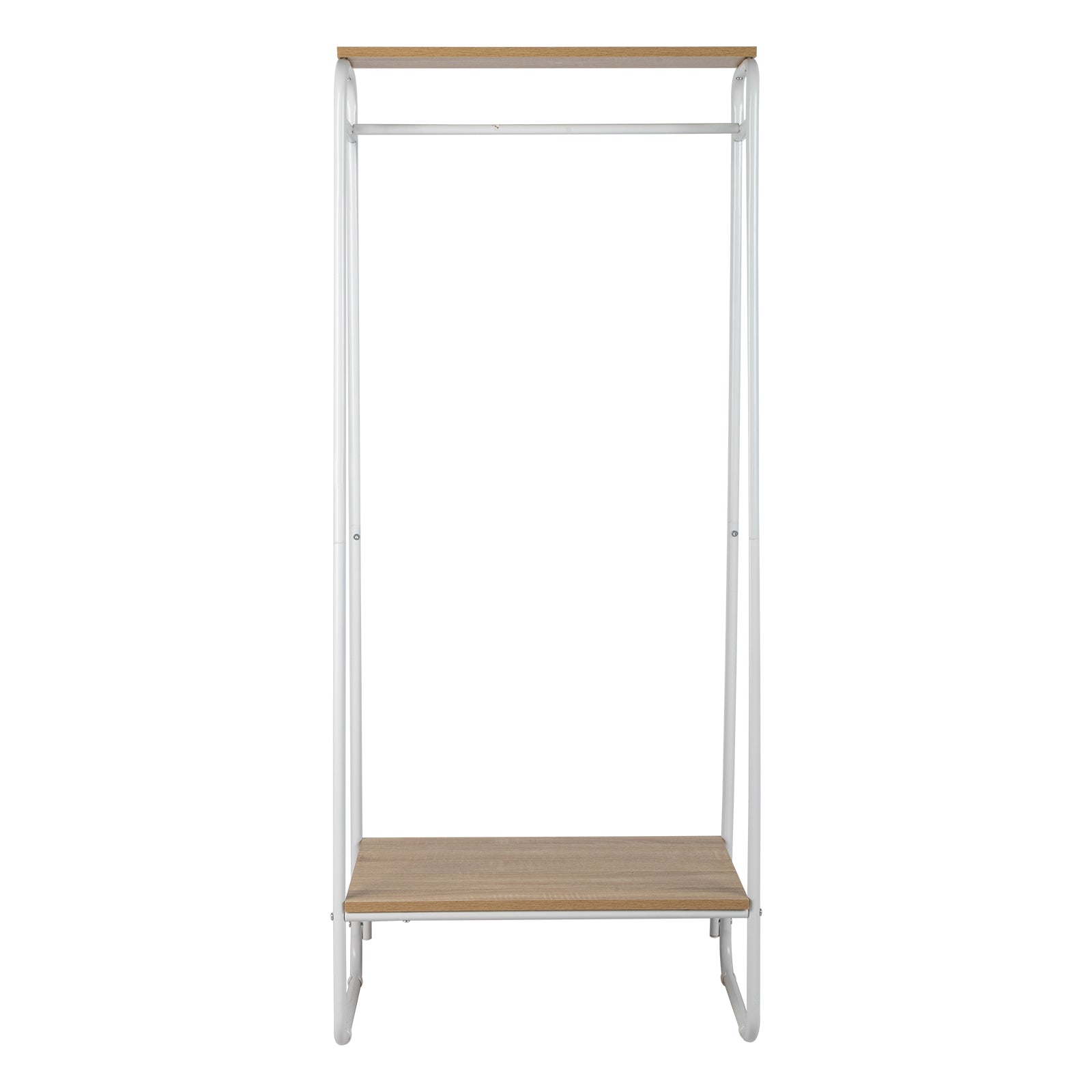 HAOYYE Freestanding Clothes Rack with Wood Shelf White Metal Garment Rack Modern Standing Storage Organizer for Bedroom Entryway Laundry Room Heavy Duty Clothing Display Rack with Open Shelf
