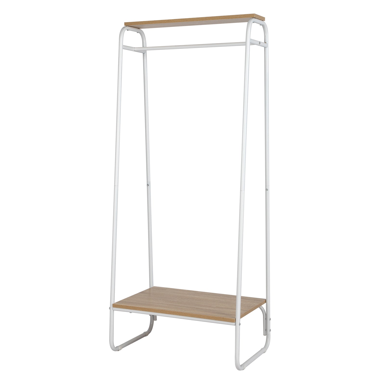 HAOYYE Freestanding Clothes Rack with Wood Shelf White Metal Garment Rack Modern Standing Storage Organizer for Bedroom Entryway Laundry Room Heavy Duty Clothing Display Rack with Open Shelf