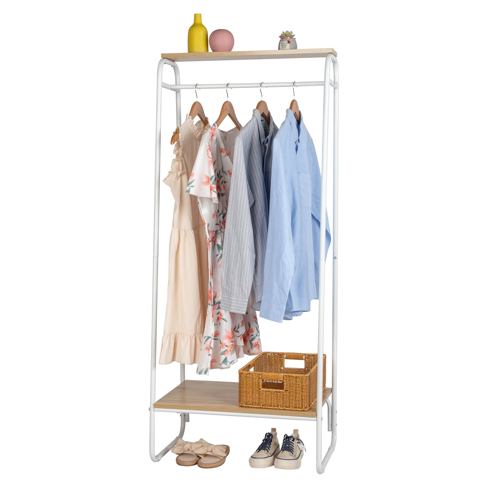 HAOYYE Freestanding Clothes Rack with Wood Shelf White Metal Garment Rack Modern Standing Storage Organizer for Bedroom Entryway Laundry Room Heavy Duty Clothing Display Rack with Open Shelf