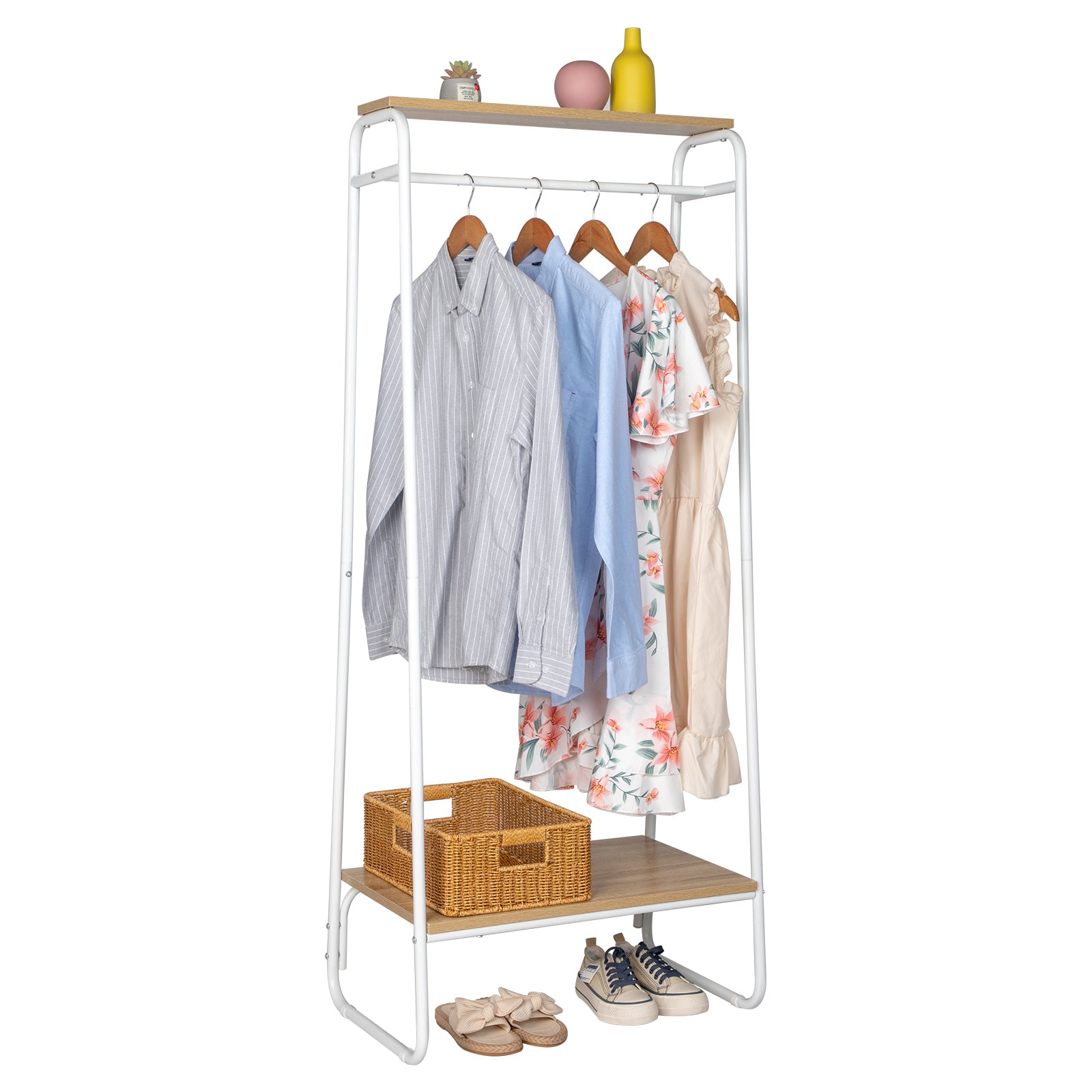 HAOYYE Freestanding Clothes Rack with Wood Shelf White Metal Garment Rack Modern Standing Storage Organizer for Bedroom Entryway Laundry Room Heavy Duty Clothing Display Rack with Open Shelf