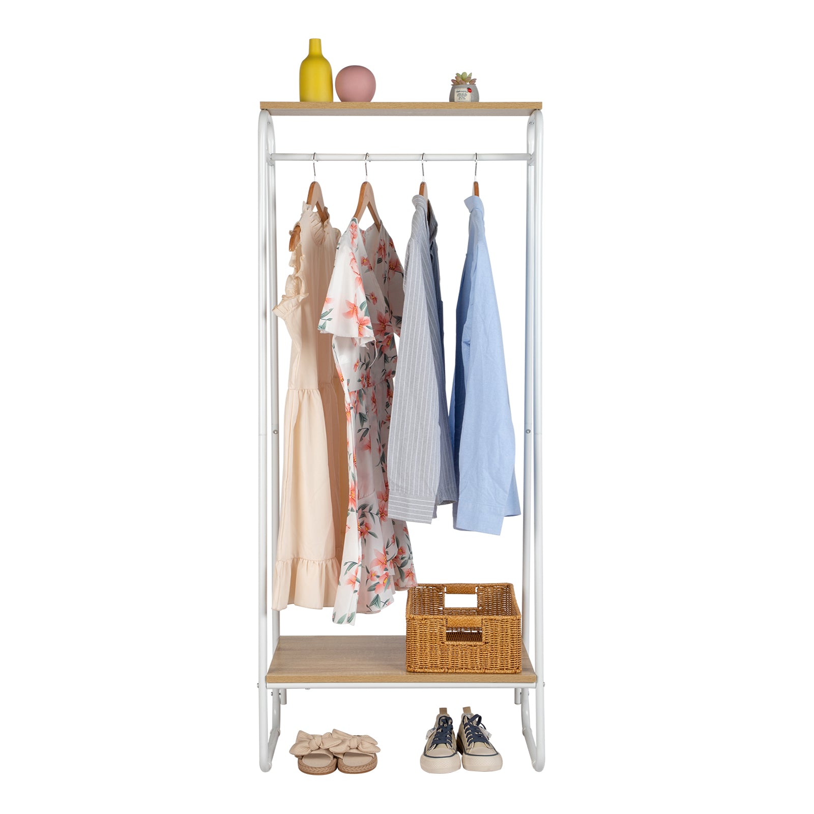 HAOYYE Freestanding Clothes Rack with Wood Shelf White Metal Garment Rack Modern Standing Storage Organizer for Bedroom Entryway Laundry Room Heavy Duty Clothing Display Rack with Open Shelf