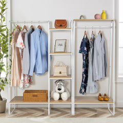 HAOYYE Freestanding Clothes Rack with Wood Shelf White Metal Garment Rack Modern Standing Storage Organizer for Bedroom Entryway Laundry Room Heavy Duty Clothing Display Rack with Open Shelf