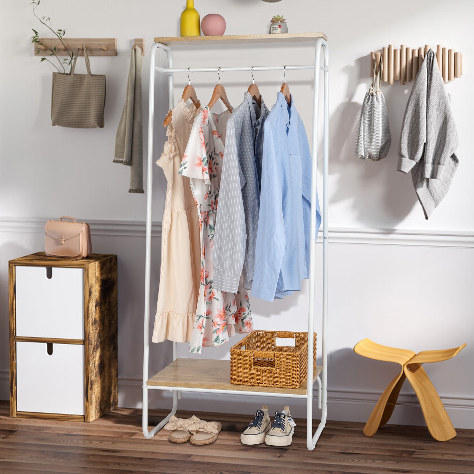 HAOYYE Freestanding Clothes Rack with Wood Shelf White Metal Garment Rack Modern Standing Storage Organizer for Bedroom Entryway Laundry Room Heavy Duty Clothing Display Rack with Open Shelf