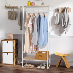 HAOYYE Freestanding Clothes Rack with Wood Shelf White Metal Garment Rack Modern Standing Storage Organizer for Bedroom Entryway Laundry Room Heavy Duty Clothing Display Rack with Open Shelf