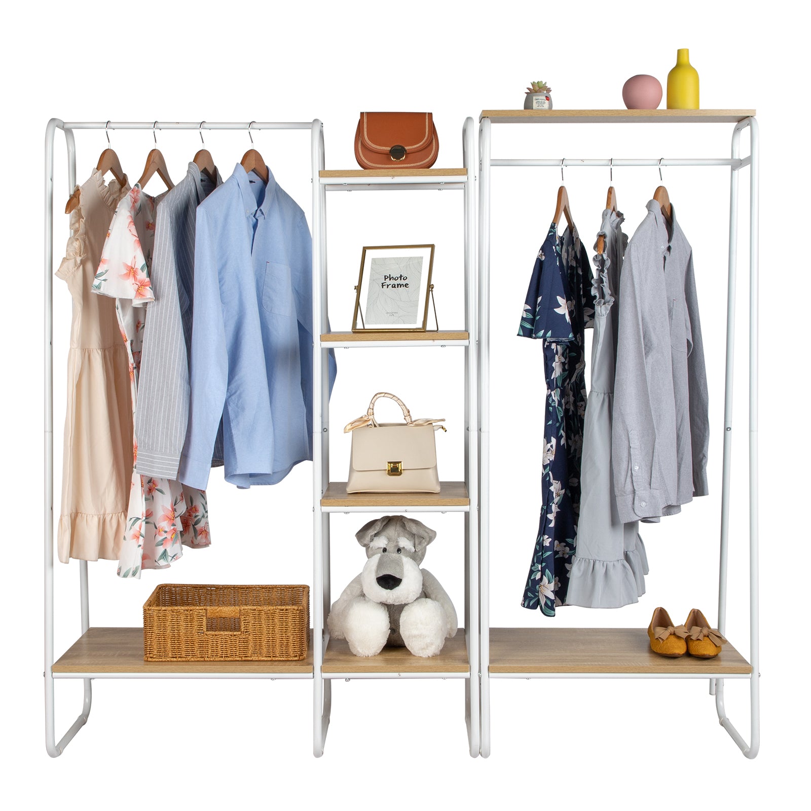 HAOYYE Freestanding Clothes Rack with Wood Shelf White Metal Garment Rack Modern Standing Storage Organizer for Bedroom Entryway Laundry Room Heavy Duty Clothing Display Rack with Open Shelf