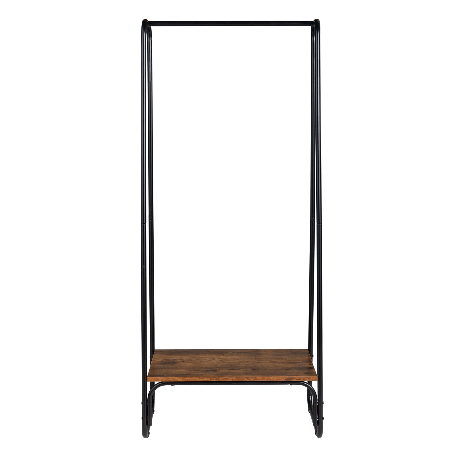 HAOYYE Freestanding Clothes Rack with Wood Shelf, Black Metal Garment Rack for Clothes, Durable Modern Storage Solution, Standing Organizer with Sturdy Design for Bedroom or Closet, Multifunctional Hanging Rack for Clothes and Accessories
