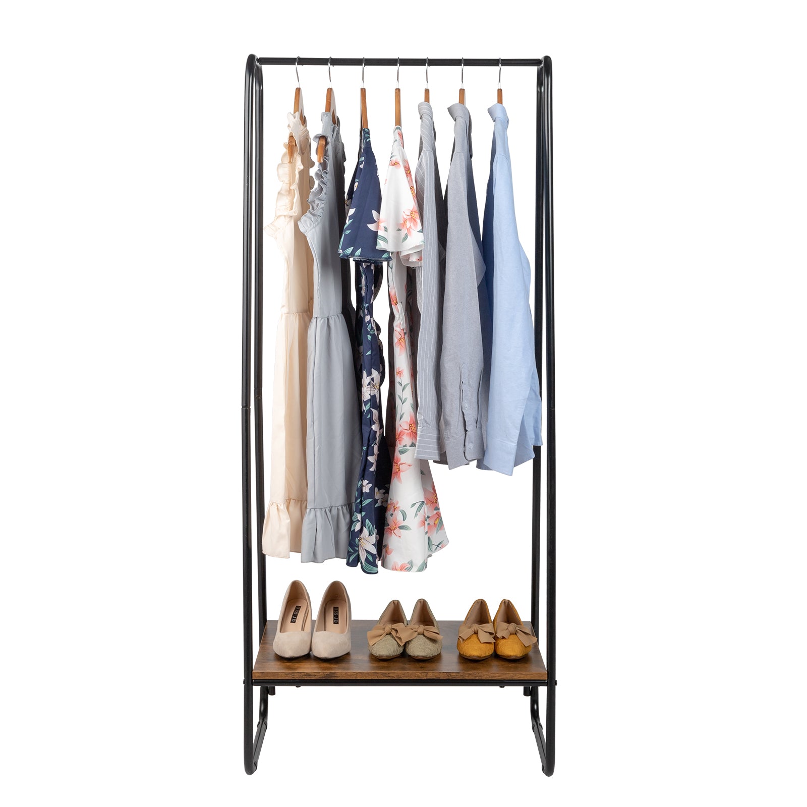 HAOYYE Freestanding Clothes Rack with Wood Shelf, Black Metal Garment Rack for Clothes, Durable Modern Storage Solution, Standing Organizer with Sturdy Design for Bedroom or Closet, Multifunctional Hanging Rack for Clothes and Accessories